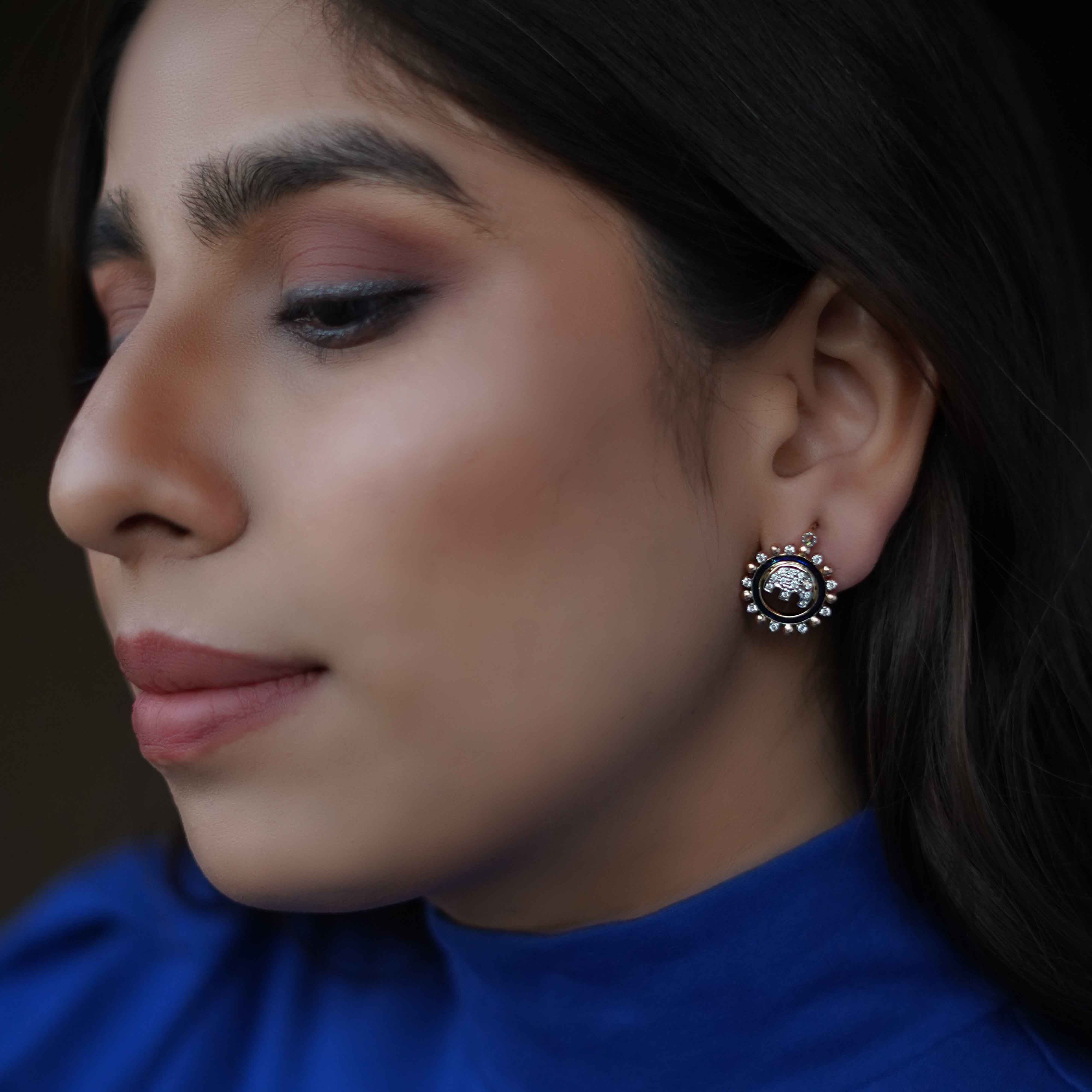 Diamond and Blue Enamel Earrings