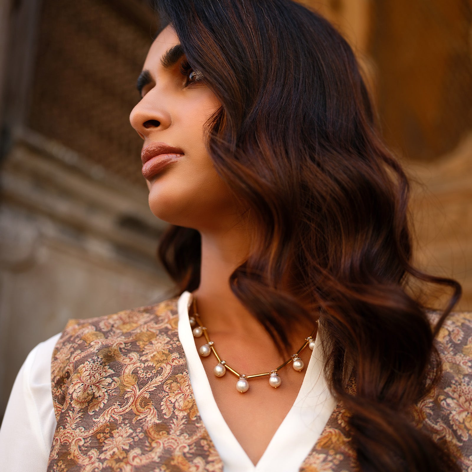 Gold Diamond and Pearl Necklace