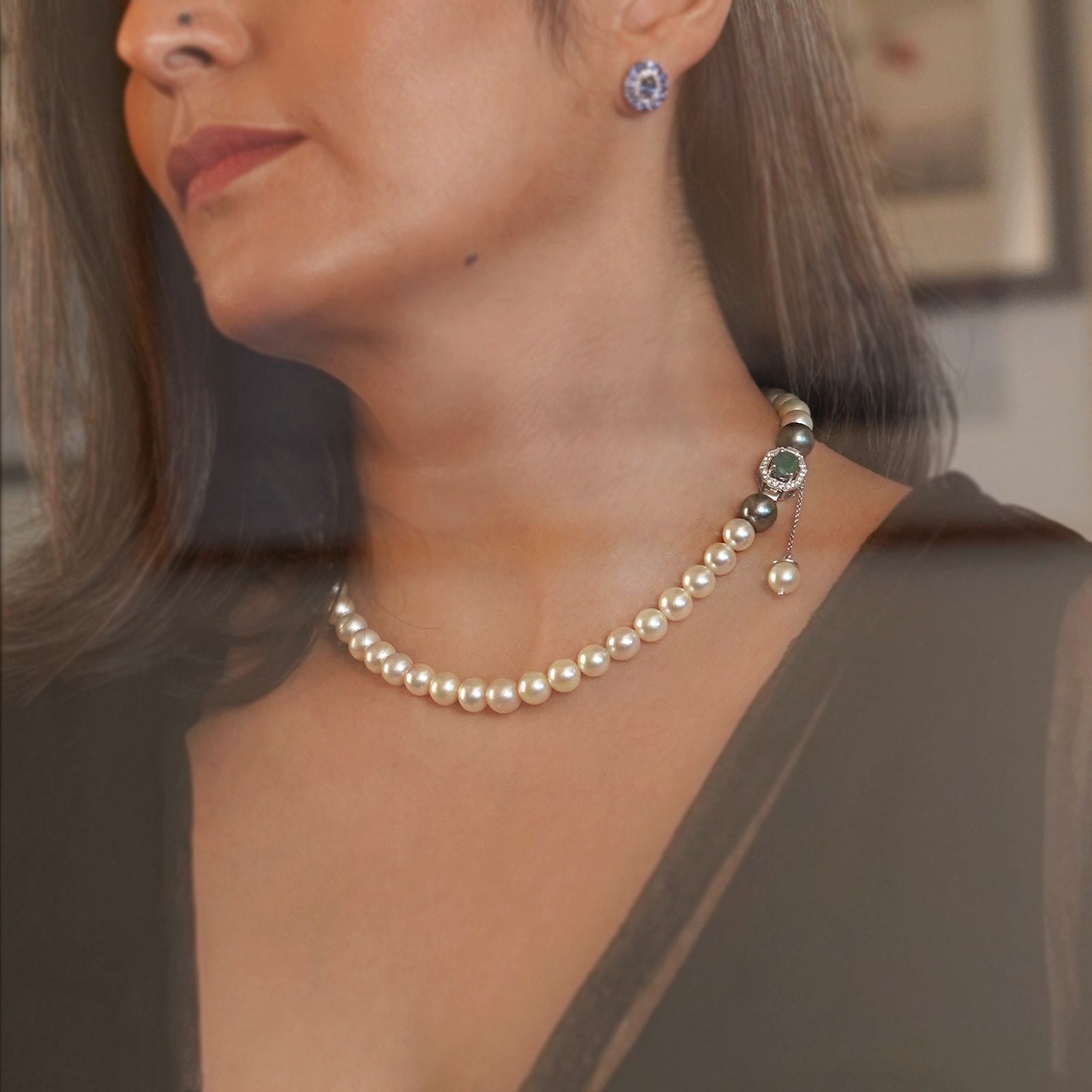 South Sea Pearl Emerald Diamond and Gold Necklace