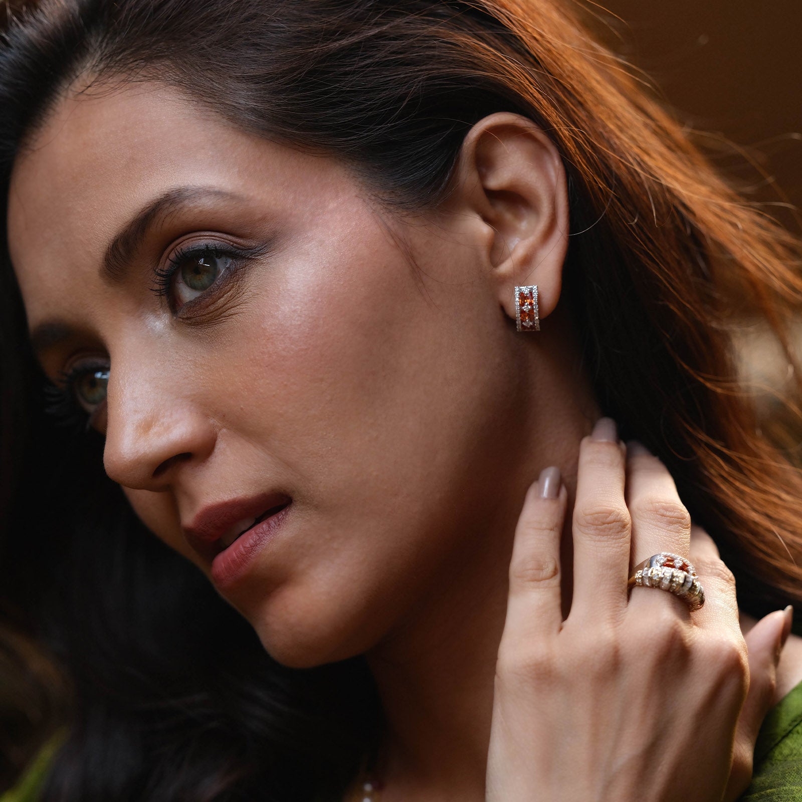 Gold Diamond and Orange Sapphire Earrings