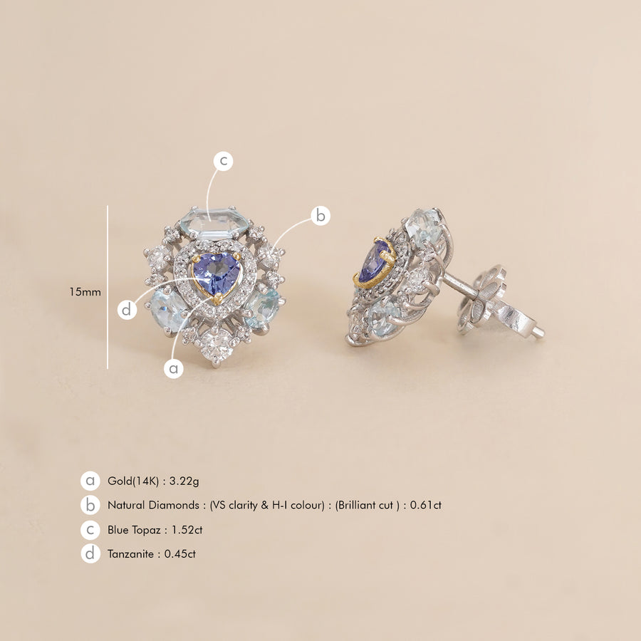 Amalfi Sky Studs with heart-shaped tanzanite surrounded by brilliant diamonds and blue topaz.
