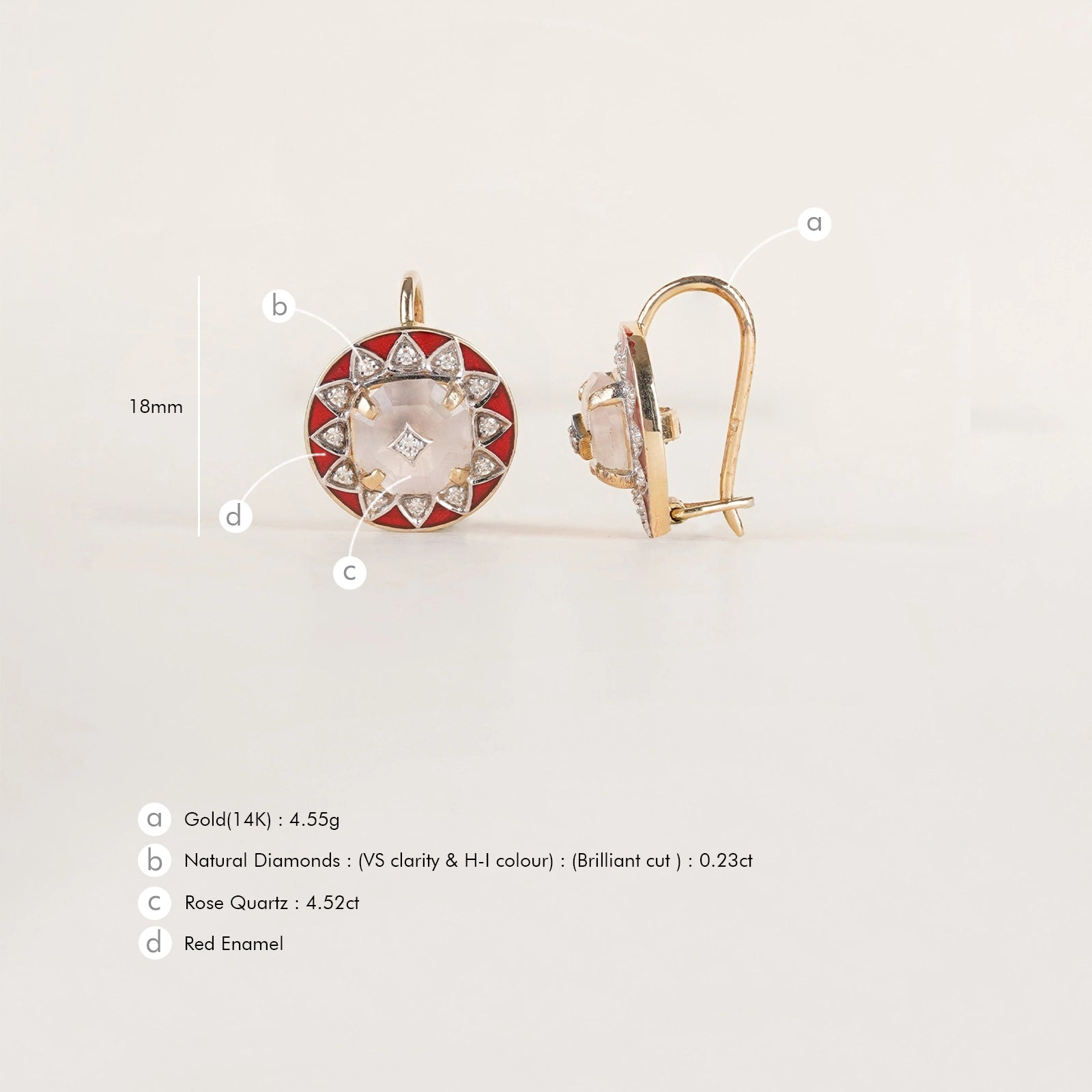 Anah Rose Earrings featuring rose quartz, diamond Anahata motif and red enamel.