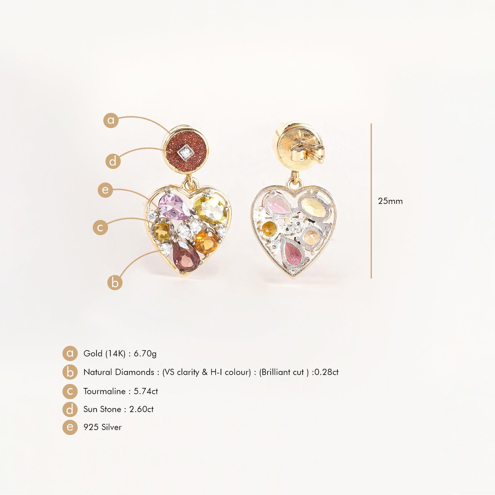 Bae Earrings in 14K gold with sunstone studs, multi-tourmaline heart drops and natural diamond accents.