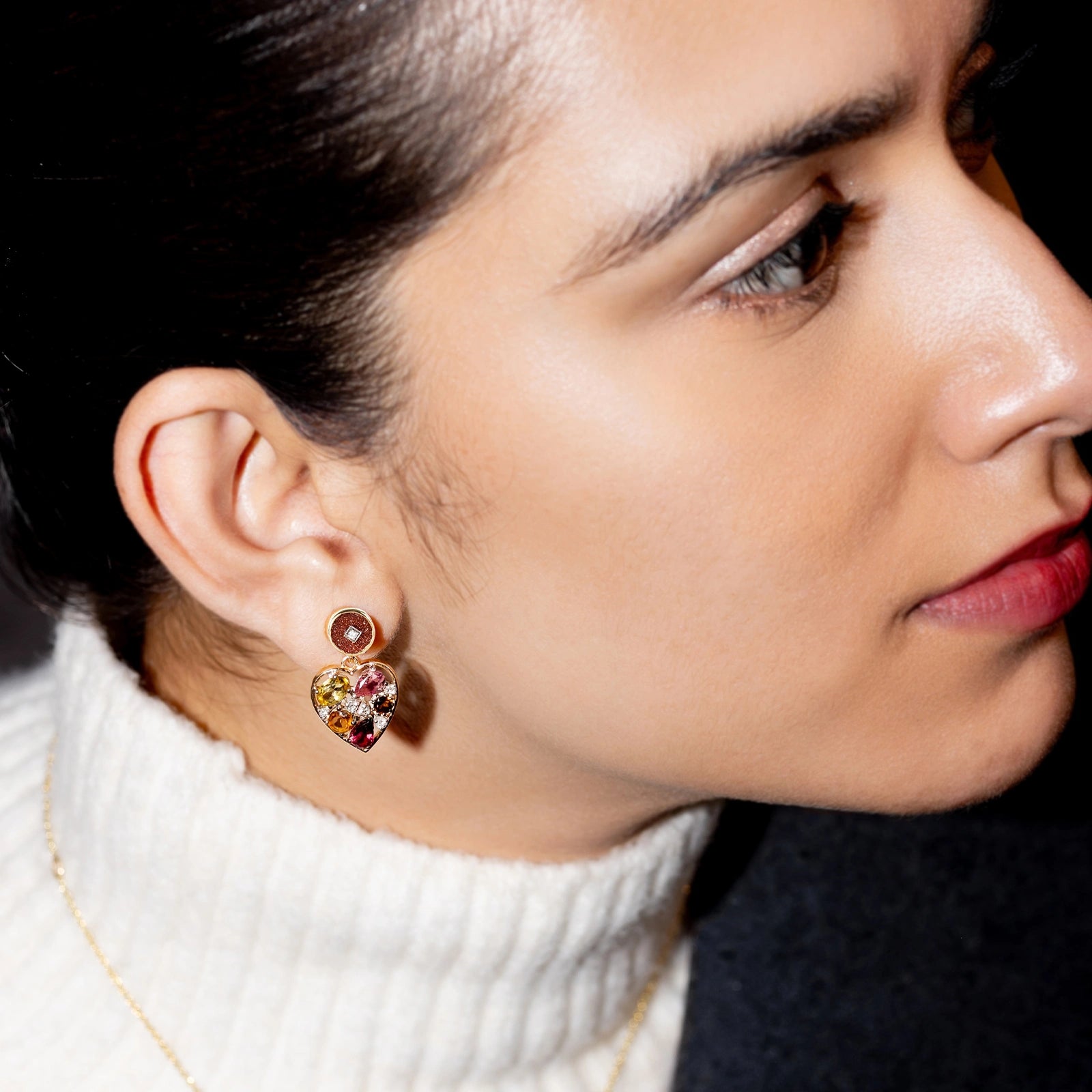 Bae Earrings in 14K gold with sunstone studs, multi-tourmaline heart drops and natural diamond accents.