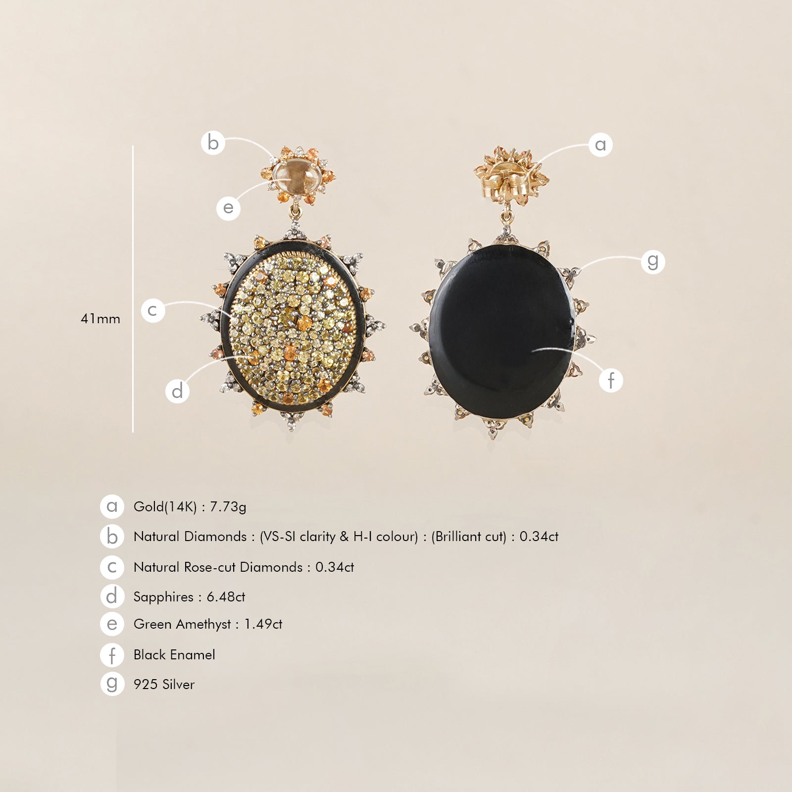 Sunburst earrings featuring pavé sapphires in warm, sun-kissed hues with faceted Green Amethyst stud tops.