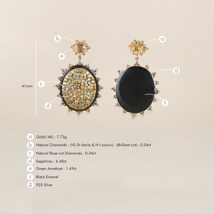 Sunburst earrings featuring pavé sapphires in warm, sun-kissed hues with faceted Green Amethyst stud tops.
