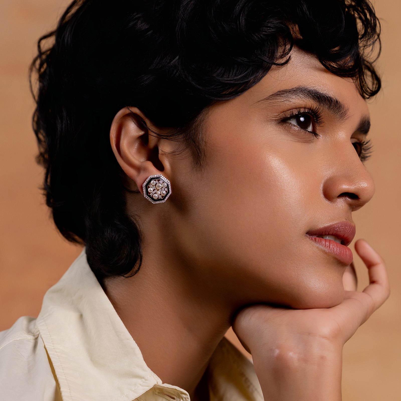 Cleo Snow Ear Studs in 14K gold and 925 silver with clustered cultured pearls, natural brilliant-cut diamonds and black enamel