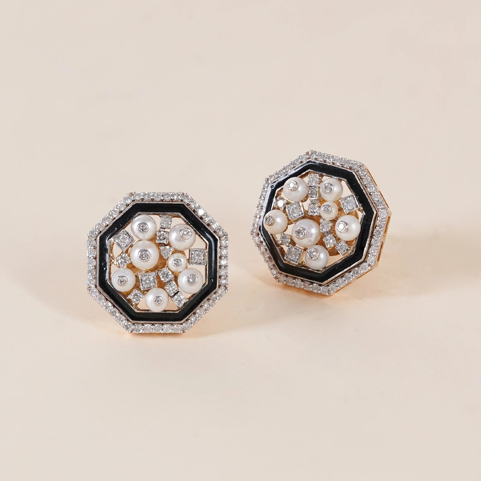 Cleo Snow Ear Studs in 14K gold and 925 silver with clustered cultured pearls, natural brilliant-cut diamonds and black enamel