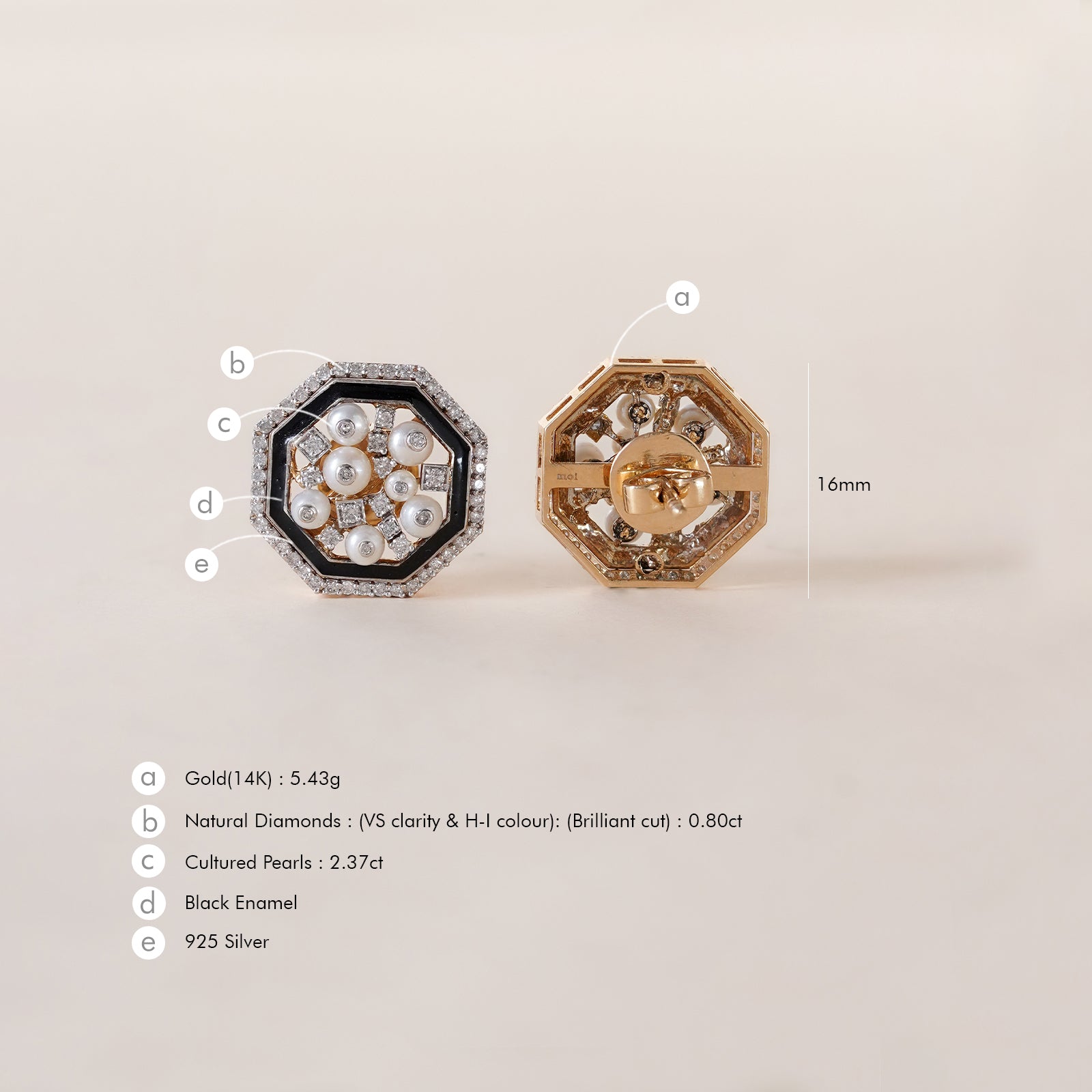 Cleo Snow Ear Studs in 14K gold and 925 silver with clustered cultured pearls, natural brilliant-cut diamonds and black enamel