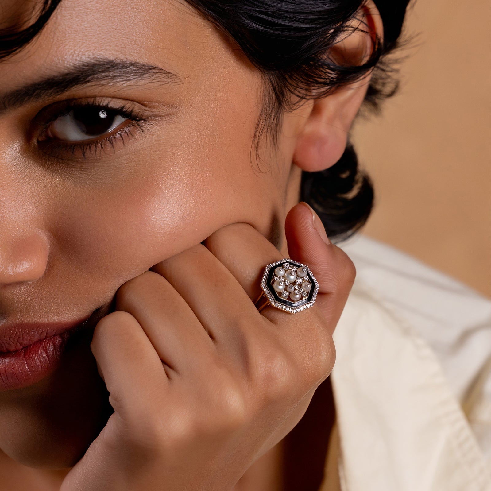 Cleo Snow Ring in 14K gold and 925 silver with clustered cultured pearls, natural brilliant-cut diamonds and black enamel