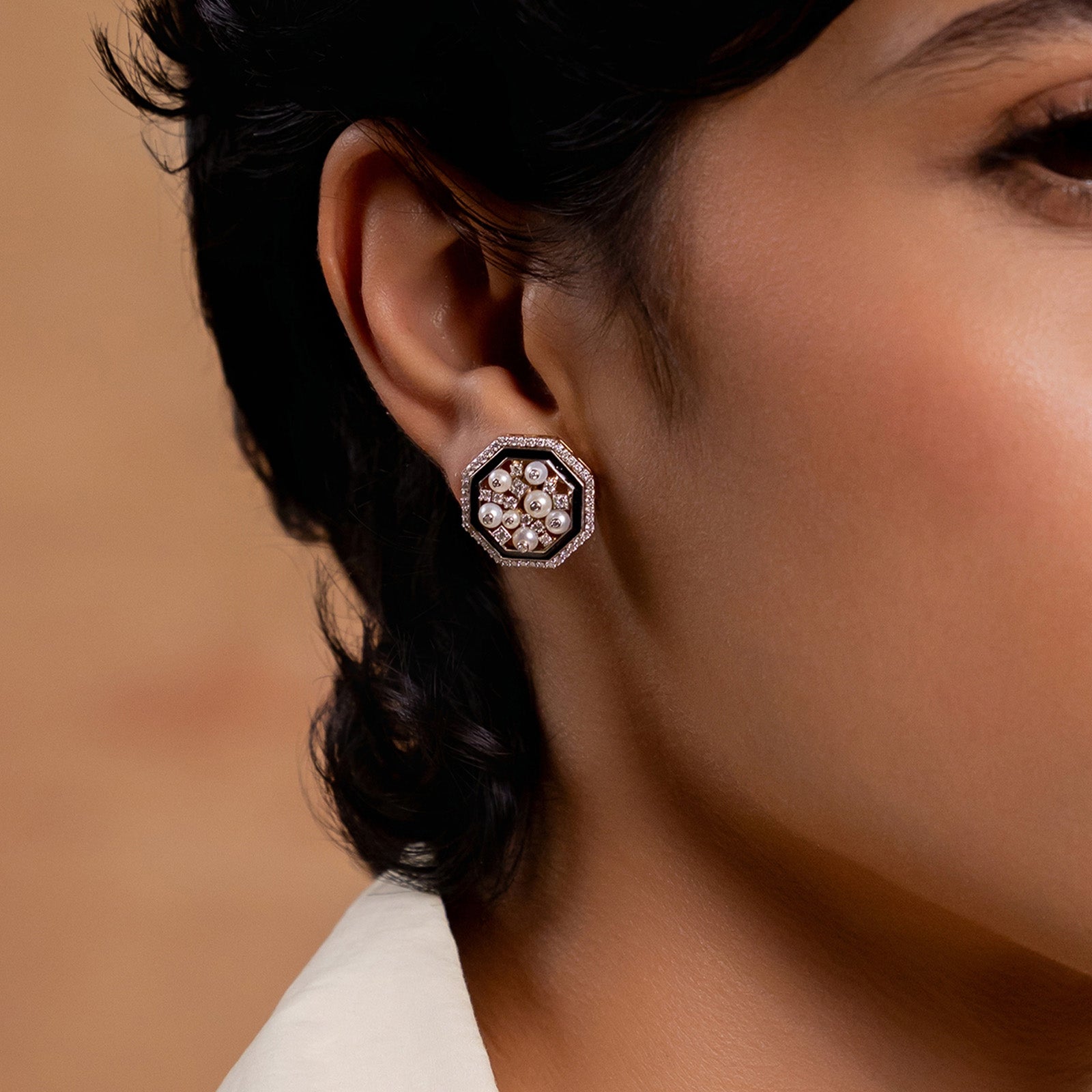 Cleo Snow Ear Studs in 14K gold and 925 silver with clustered cultured pearls, natural brilliant-cut diamonds and black enamel