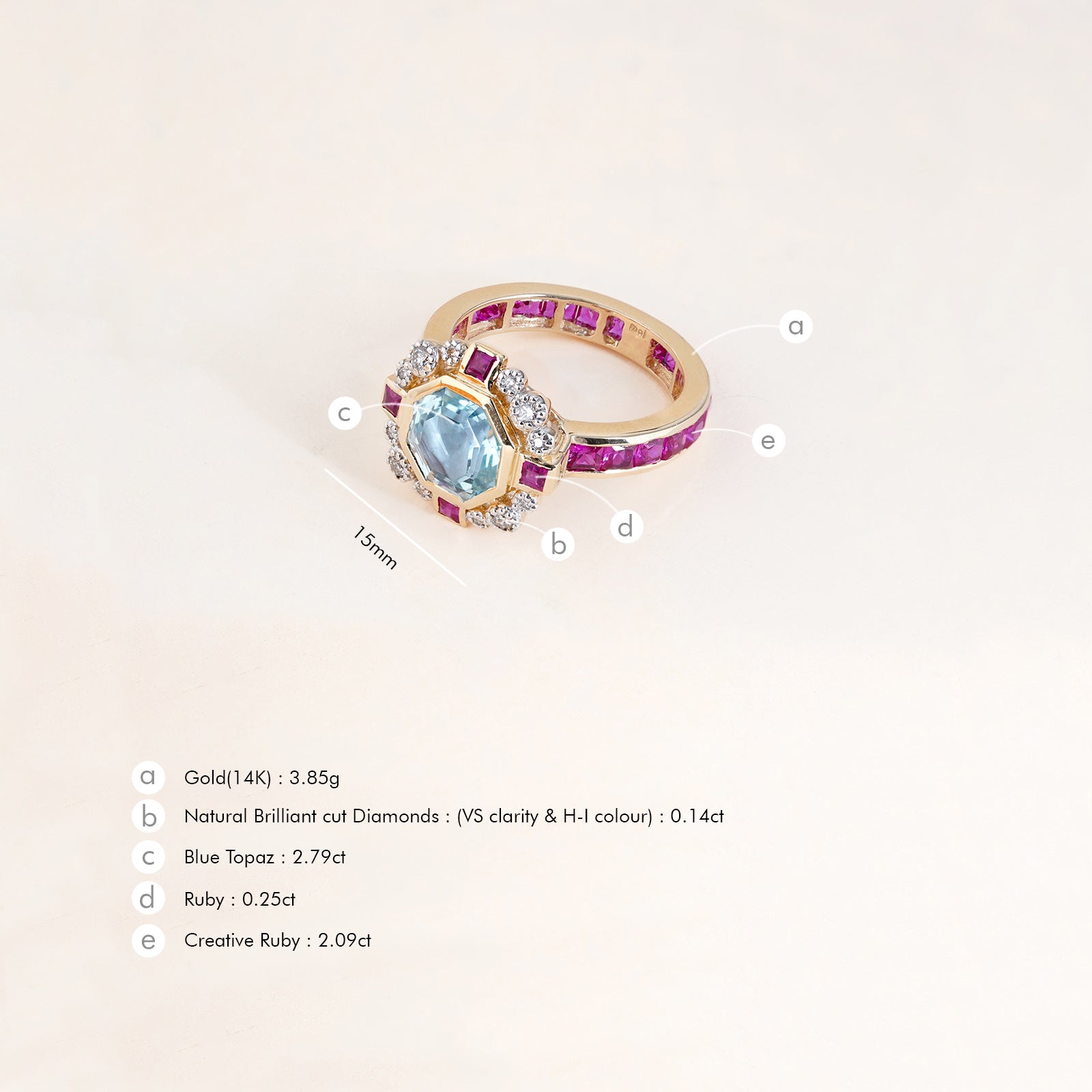 Elina Ring in 14K gold with custom-cut blue topaz in an Art Deco frame with claw-set diamonds, bazel-set rubies and channel-set topaz