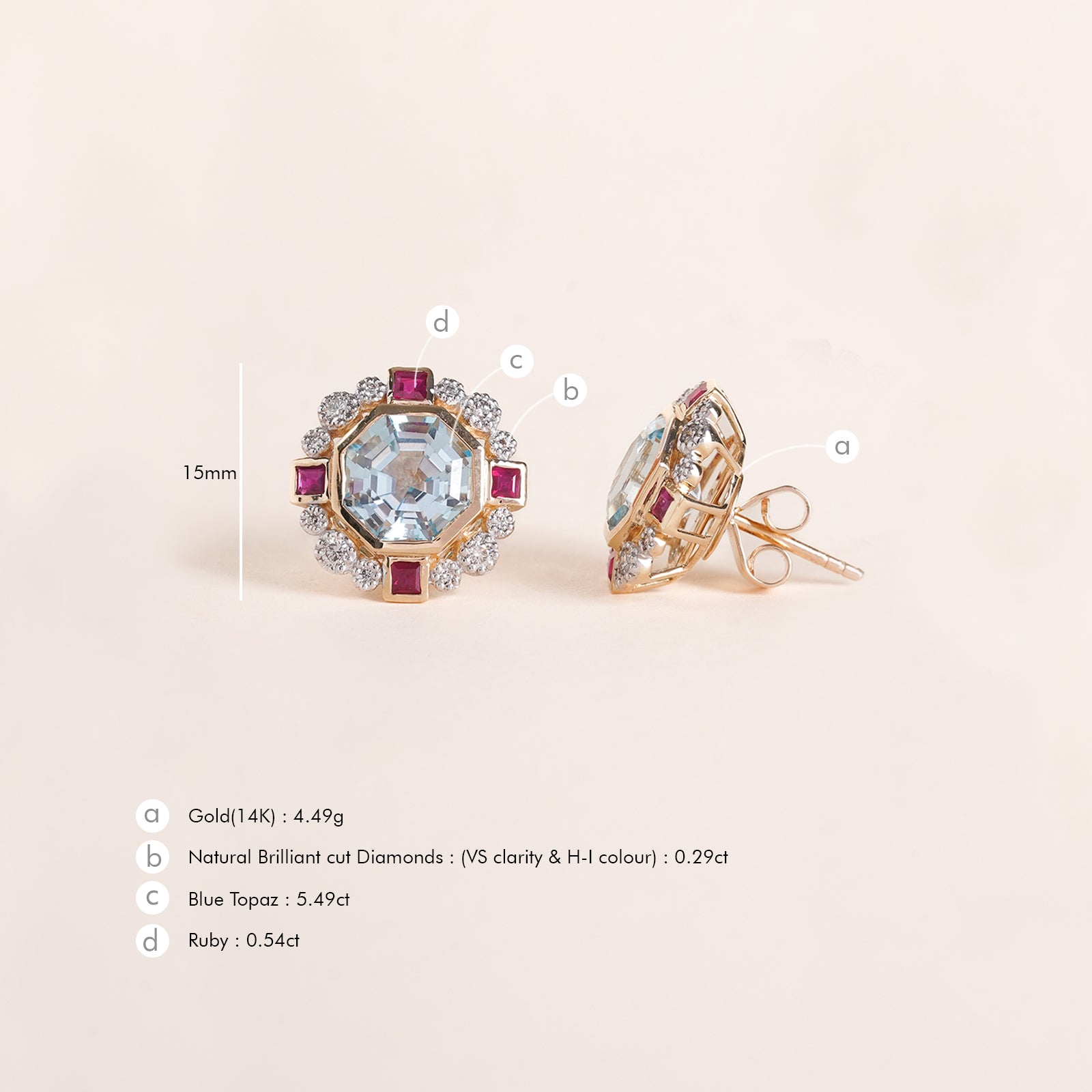 Elina ear studs in 14K gold with custom-cut blue topaz in an Art Deco frame with claw-set diamonds and bazel-set rubies