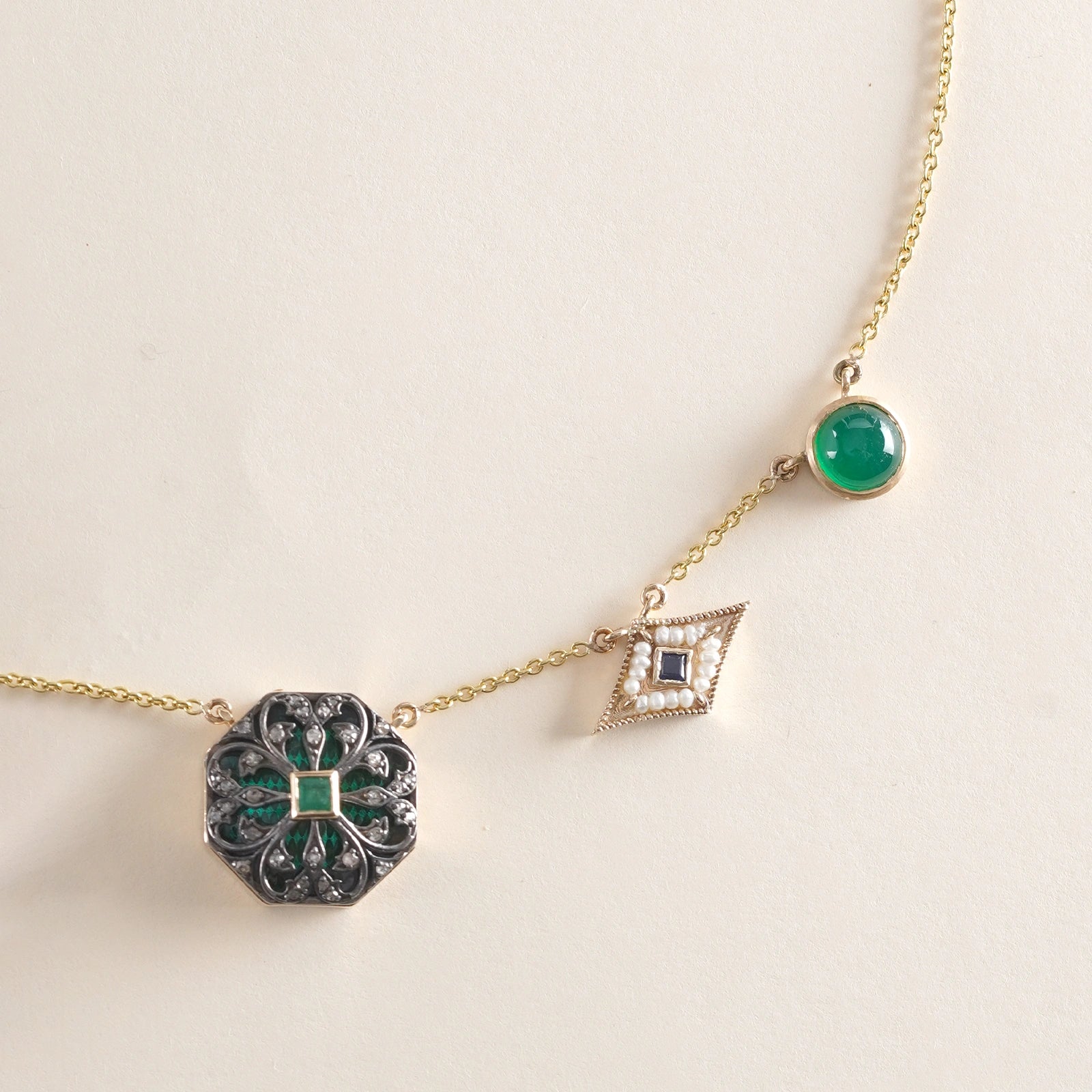 Emir Mini Charm Necklace in 14K gold and 925 silver with rose-cut diamond, emerald, blue sapphire, pearl and green onyx charms