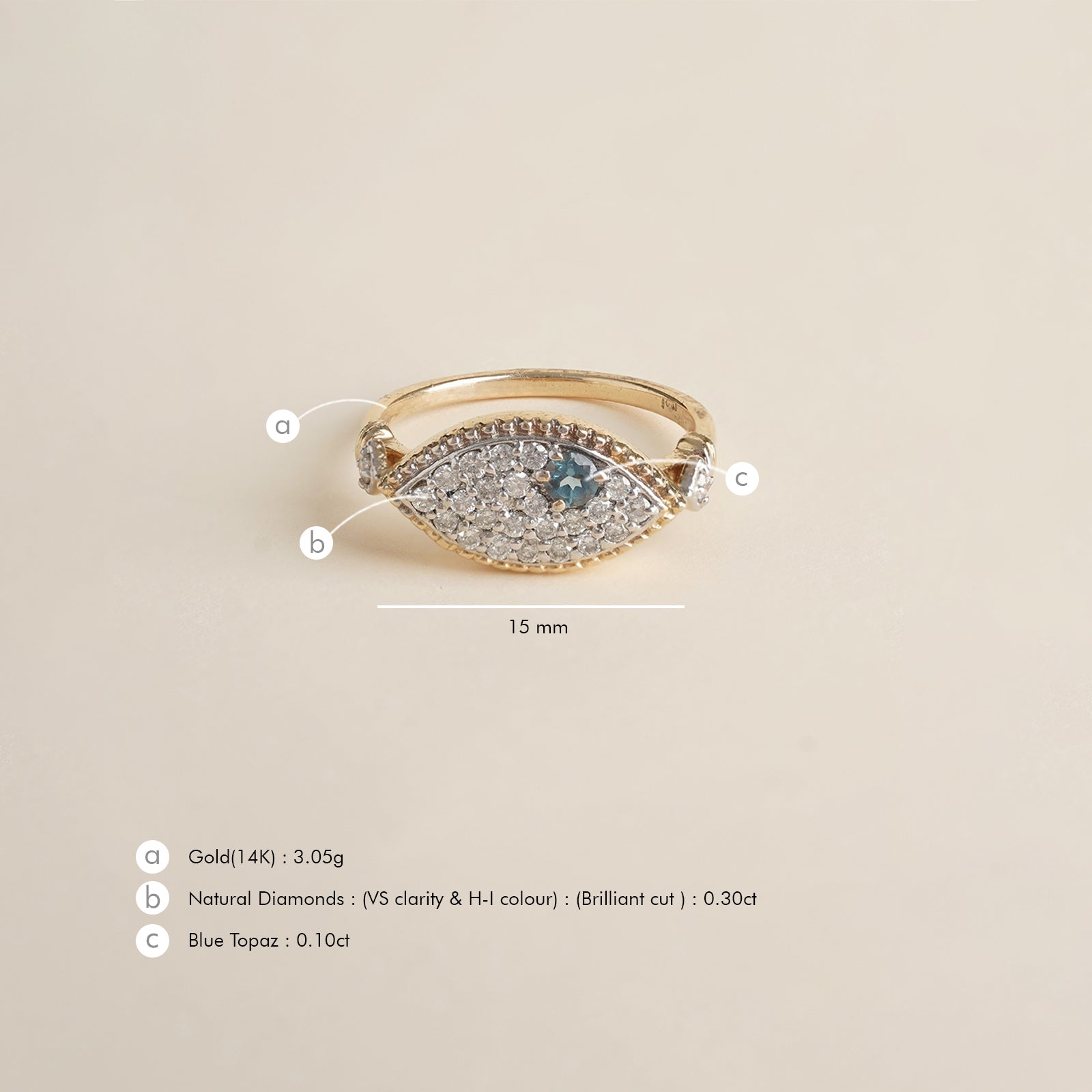 Evil Eye Ring in 14K gold with blue topaz evil eye and natural brilliant-cut diamonds