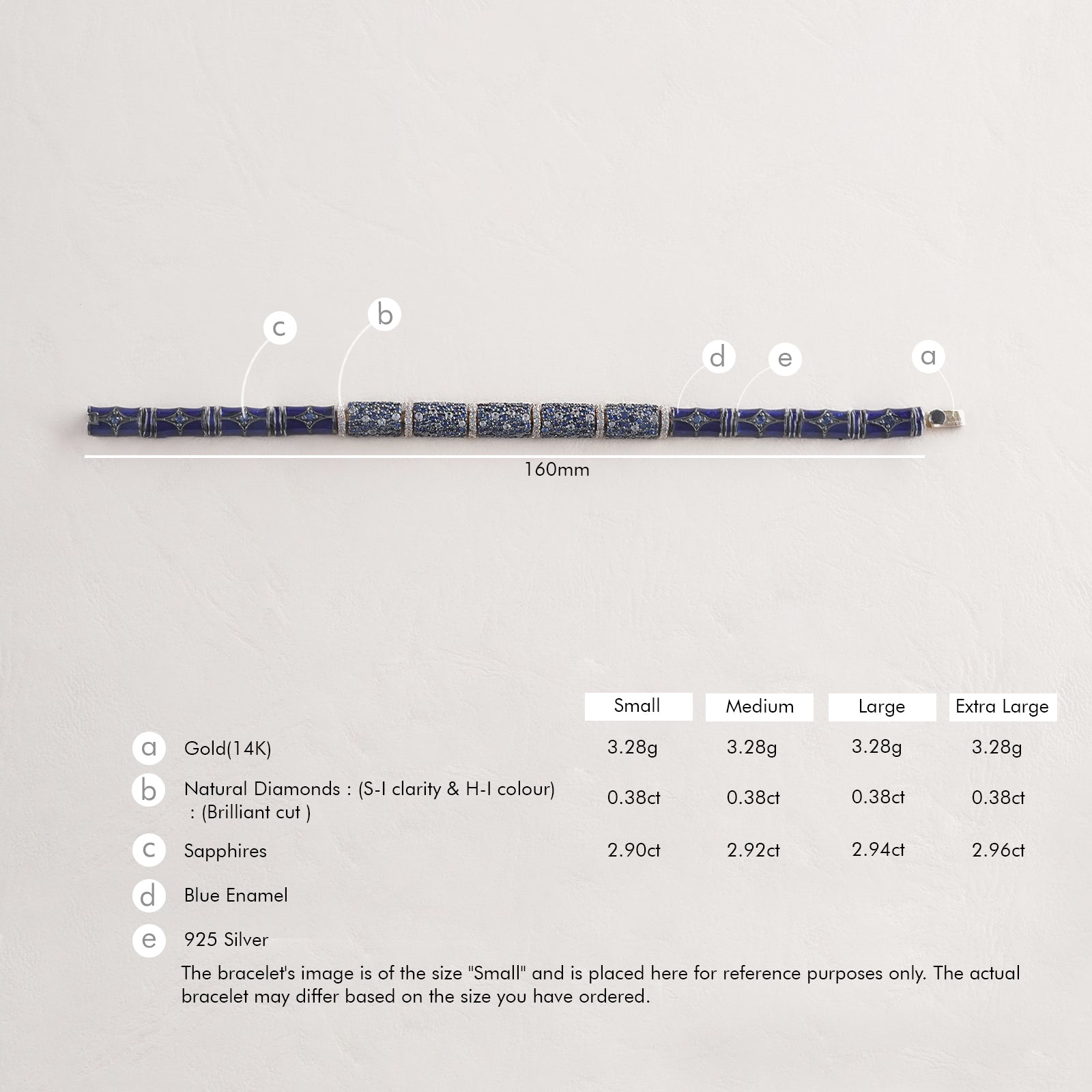 Evra Sky Bracelet in 14K gold and 925 silver with sapphire pavé half-barrel units, brilliant-cut diamond spacers, and blue enamel back detail