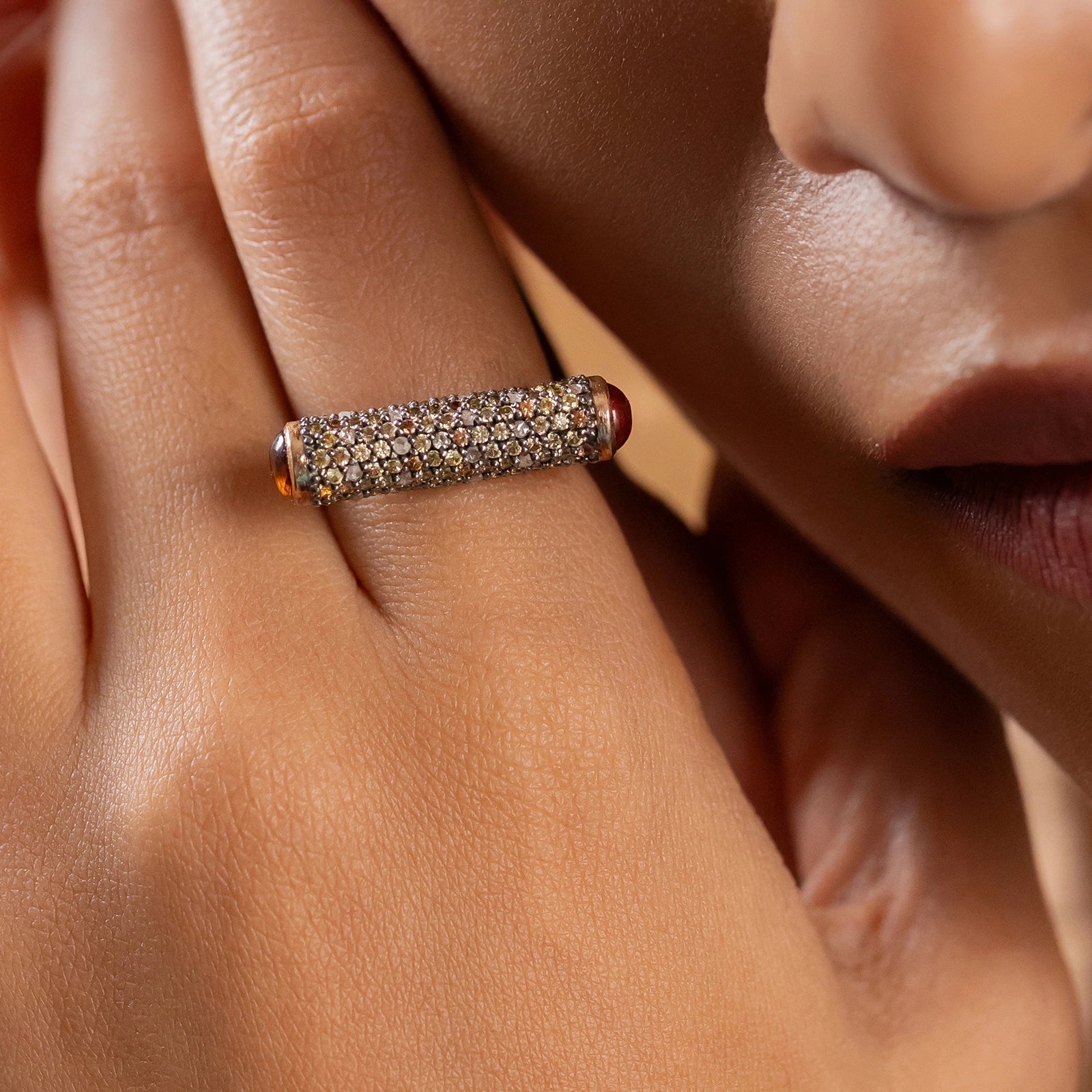Faye Bar Ring in 14K Gold and 925 Silver with Rose Cut Diamond Sapphire and Hessonite Garnet