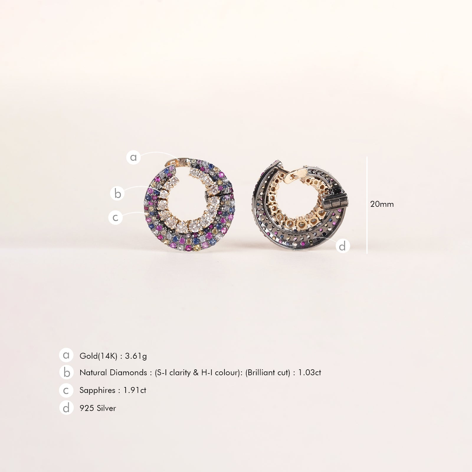 Felicia Orchid Earrings in 14K gold and 925 silver with arcs of brilliant-cut diamonds and micro pavé pink sapphires