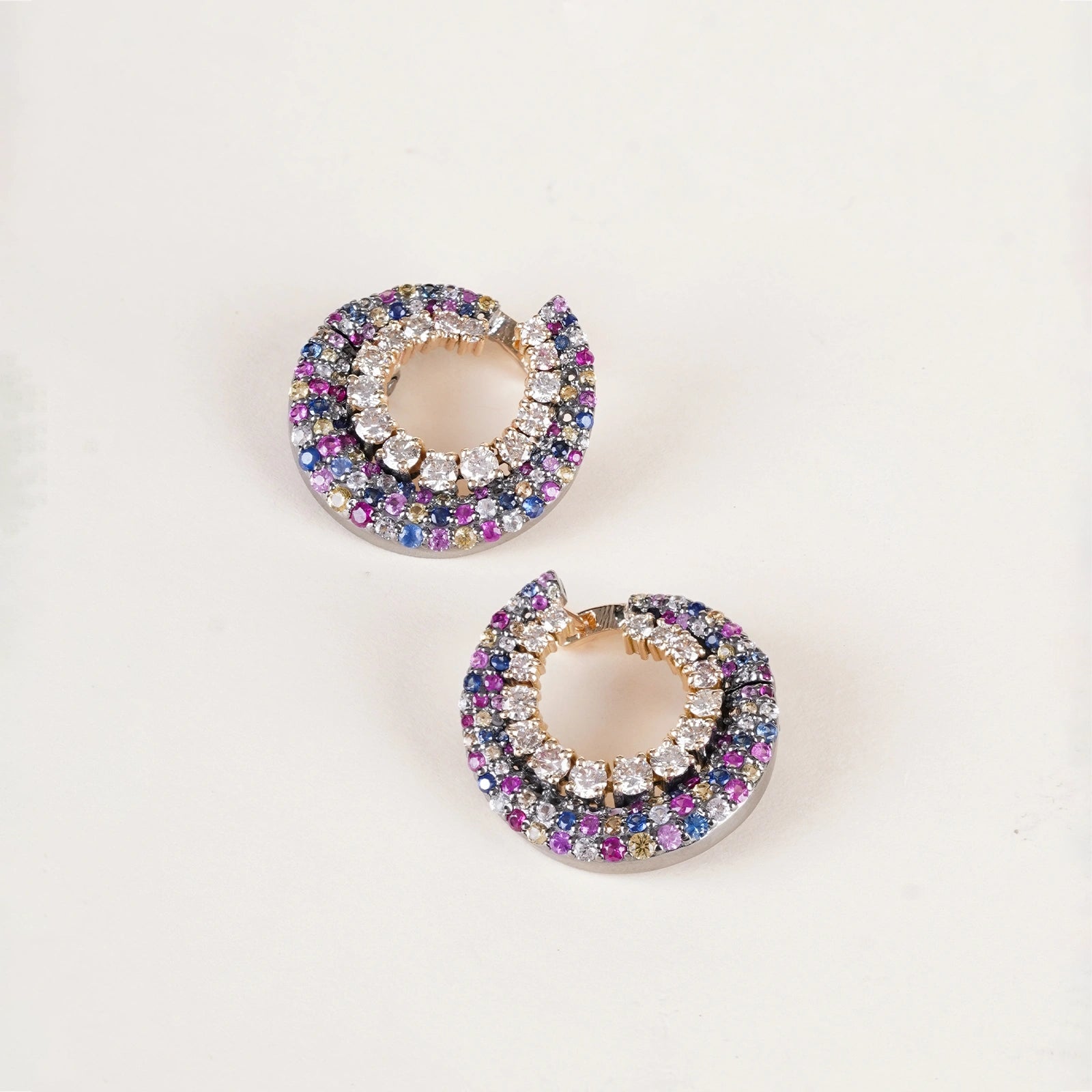 Felicia Orchid Earrings in 14K gold and 925 silver with arcs of brilliant-cut diamonds and micro pavé pink sapphires