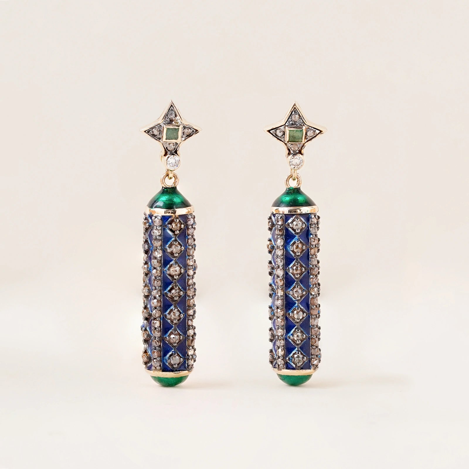 Fira Earrings in gold and 925 silver with cabochon emeralds, natural rose-cut and brilliant-cut diamonds, and blue and green enamel