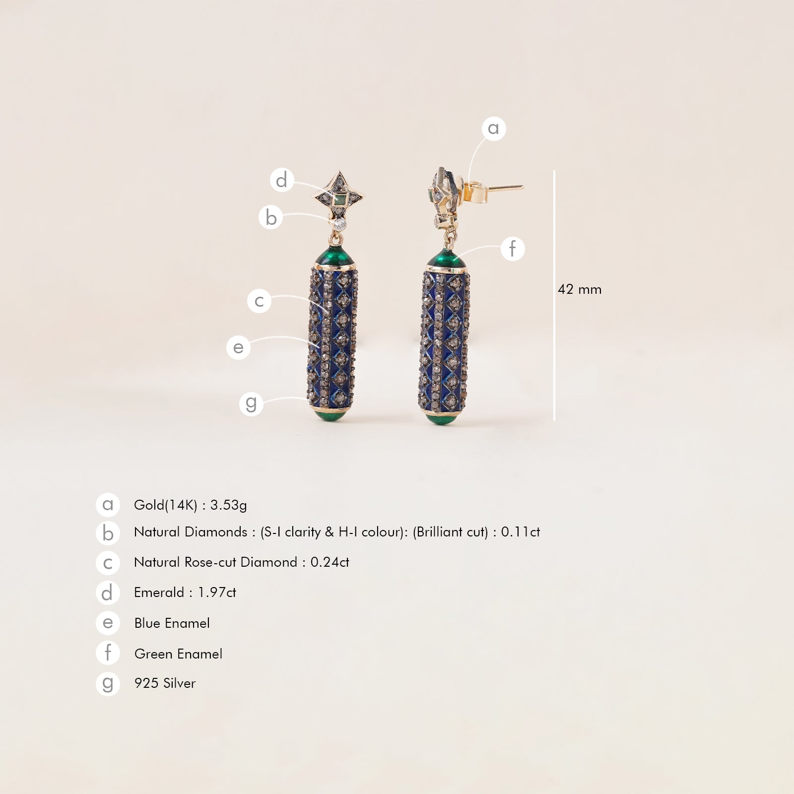 Fira Earrings in gold and 925 silver with cabochon emeralds, natural rose-cut and brilliant-cut diamonds, and blue and green enamel