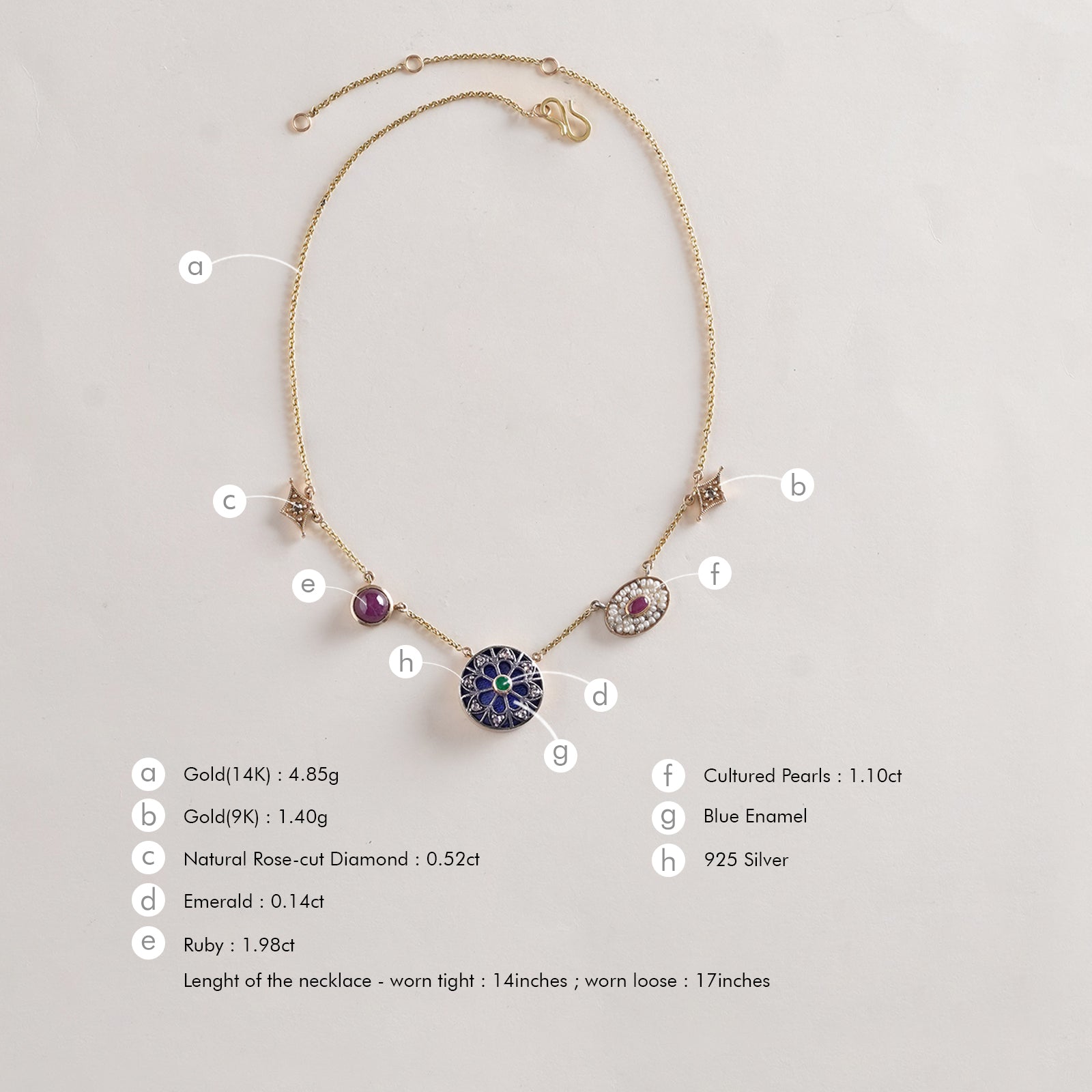 Firdos Charm Necklace in 14K gold with five handcrafted charms featuring rose-cut diamonds, emerald, ruby cabochon, yellow onyx and pearls