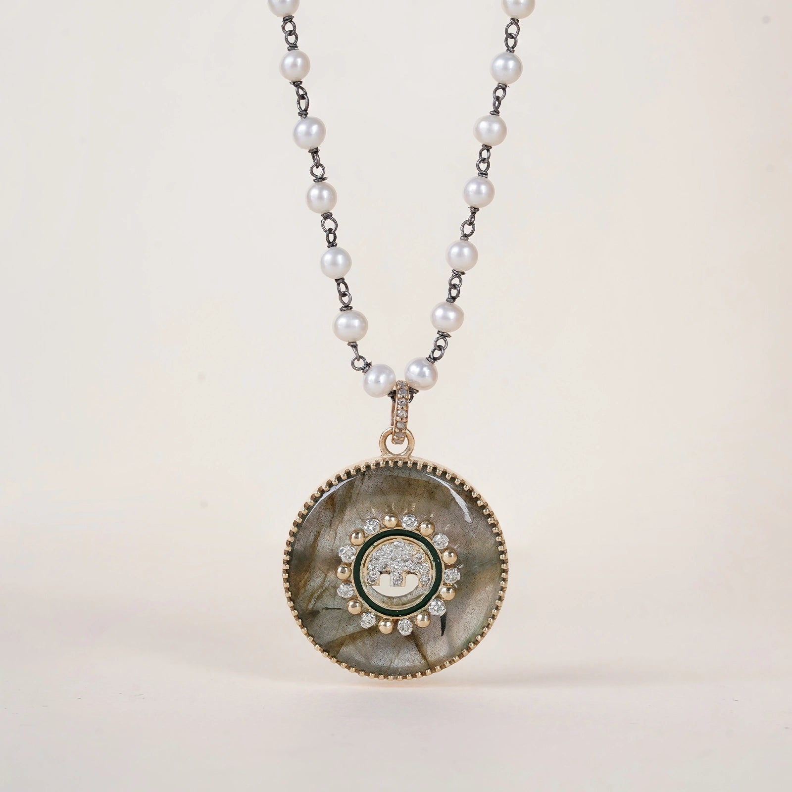 Gaj Elephant Pendant Necklace in 14K gold and 925 silver with labradorite, cultured pearls, brilliant-cut diamonds and green enamel
