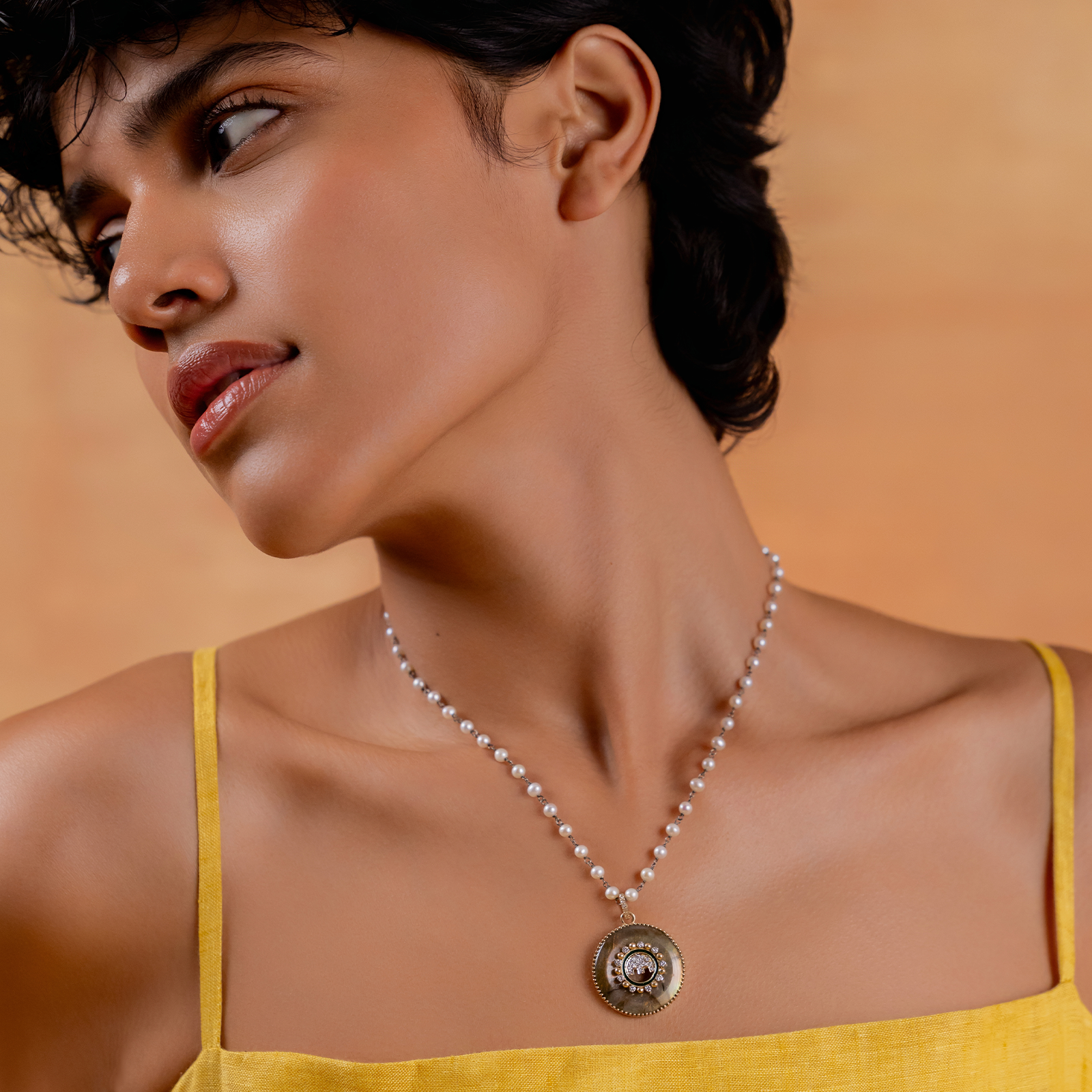 Gaj Elephant Pendant Necklace in 14K gold and 925 silver with labradorite, cultured pearls, brilliant-cut diamonds and green enamel