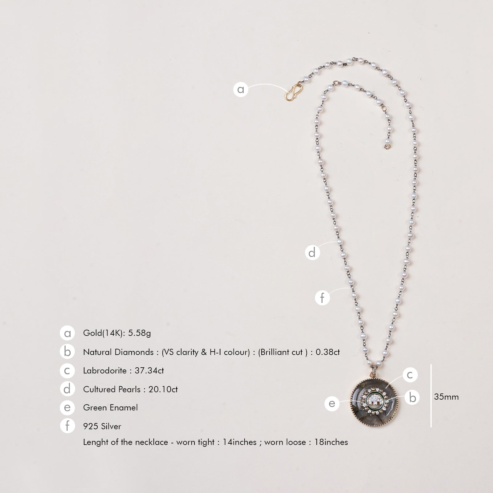 Gaj Elephant Pendant Necklace in 14K gold and 925 silver with labradorite, cultured pearls, brilliant-cut diamonds and green enamel