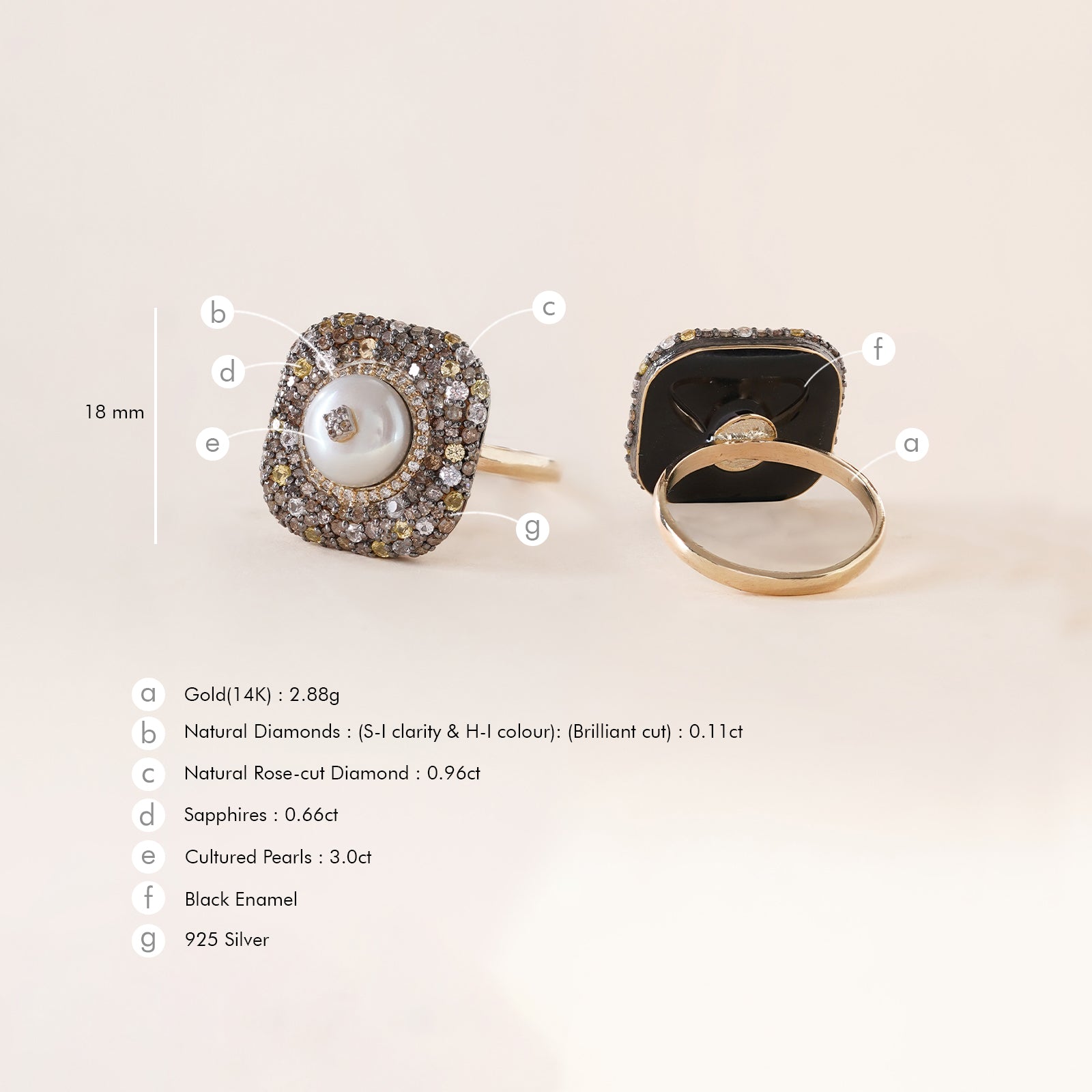 Gwen Ring in 14K gold and 925 silver with cultured pearl centre, natural rose-cut diamonds, sapphires and black enamel