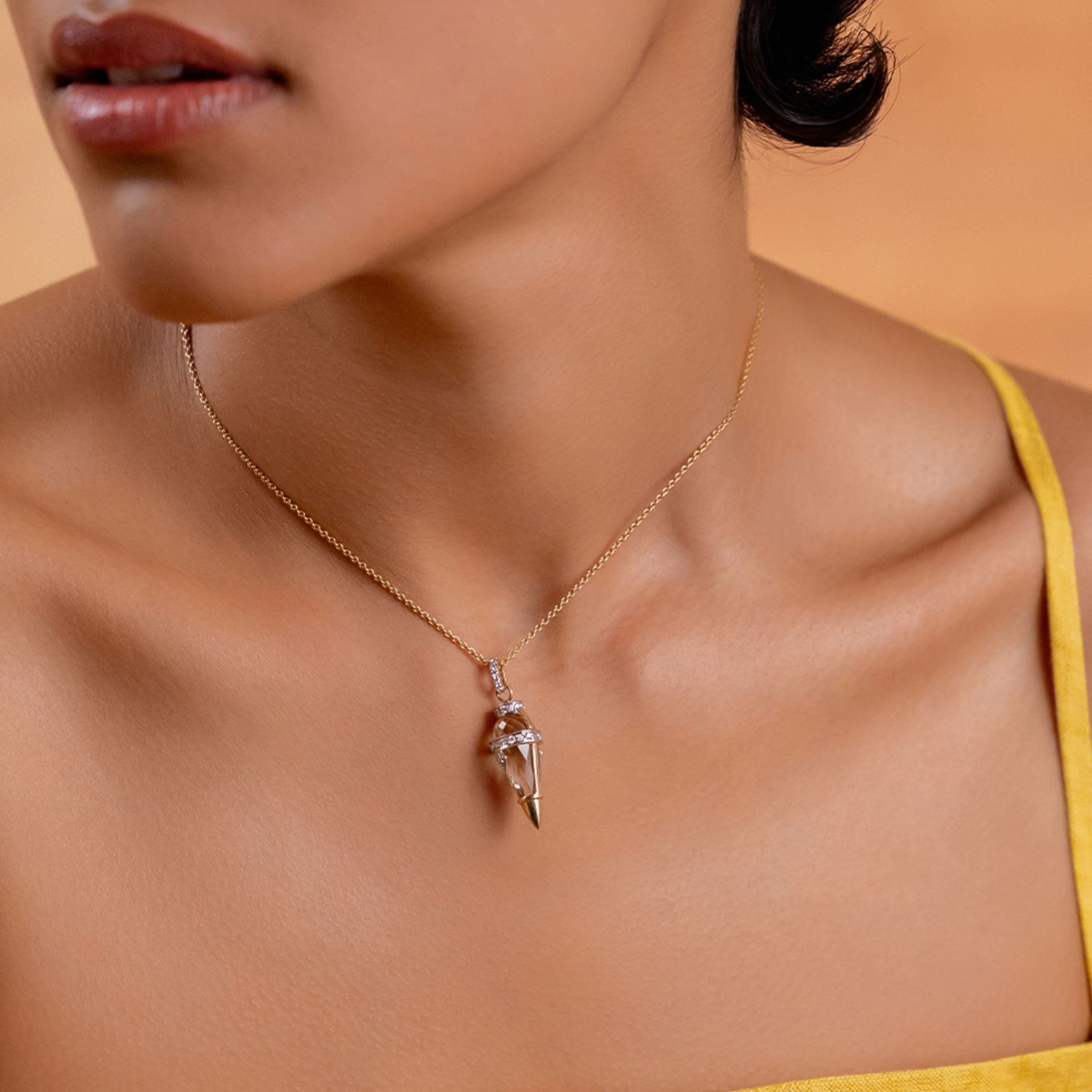 Harmony Olive Mini Necklace in 14K gold with hand-cased custom-cut green amethyst framed by natural brilliant-cut diamonds
