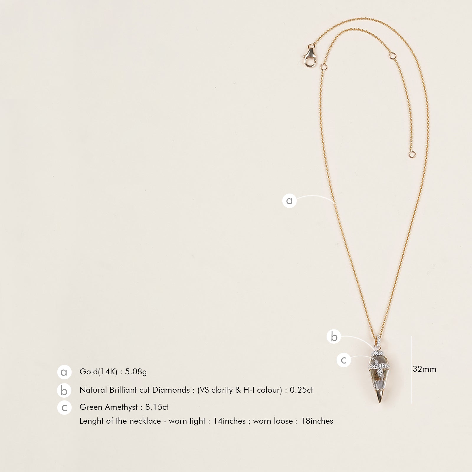 Harmony Olive Mini Necklace in 14K gold with hand-cased custom-cut green amethyst framed by natural brilliant-cut diamonds