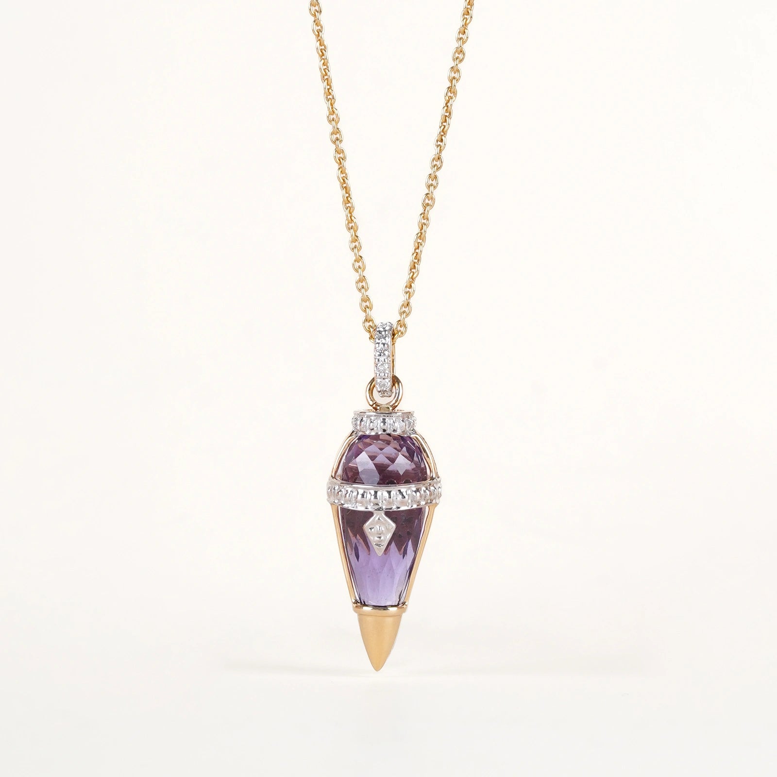 Harmony Orchid Mini Necklace in 14K gold with hand-cased custom-cut purple amethyst framed by natural brilliant-cut diamonds