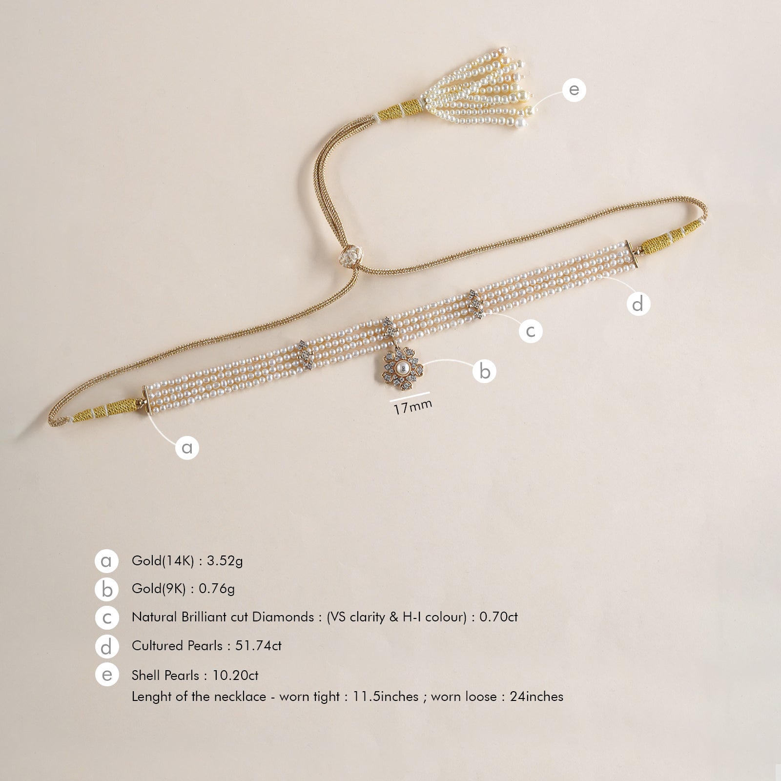 Ira Choker Necklace in 14K gold with cultured pearl rows and a snowflake-inspired natural diamond and pearl pendant