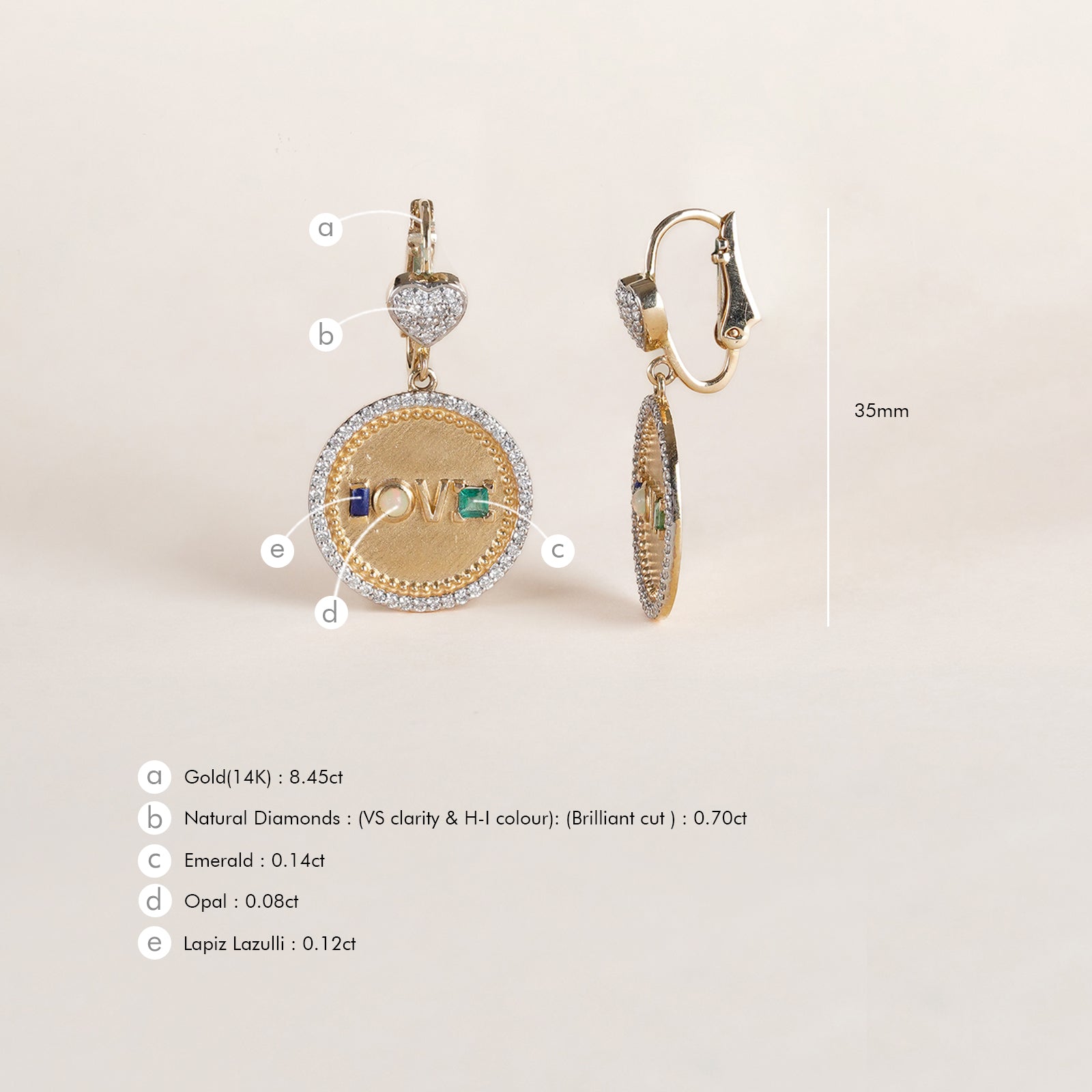 Fine 14K gold medallion earrings with diamond detailing and Victorian acrostic gemstone design.