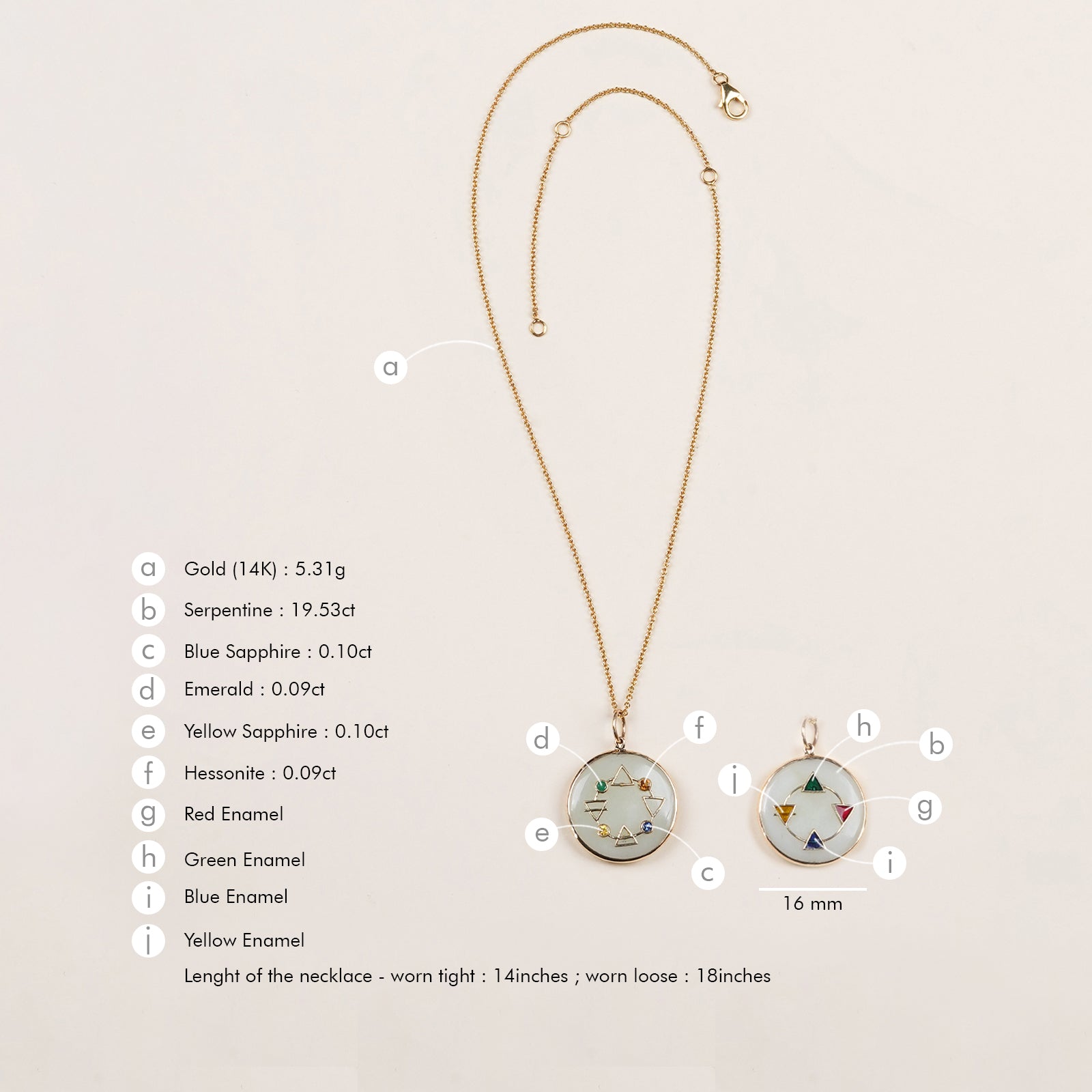 Maya Elements of Life Pendant in 14K gold with emerald, hessonite, yellow sapphire and blue sapphire on a serpentine base with coloured enamel