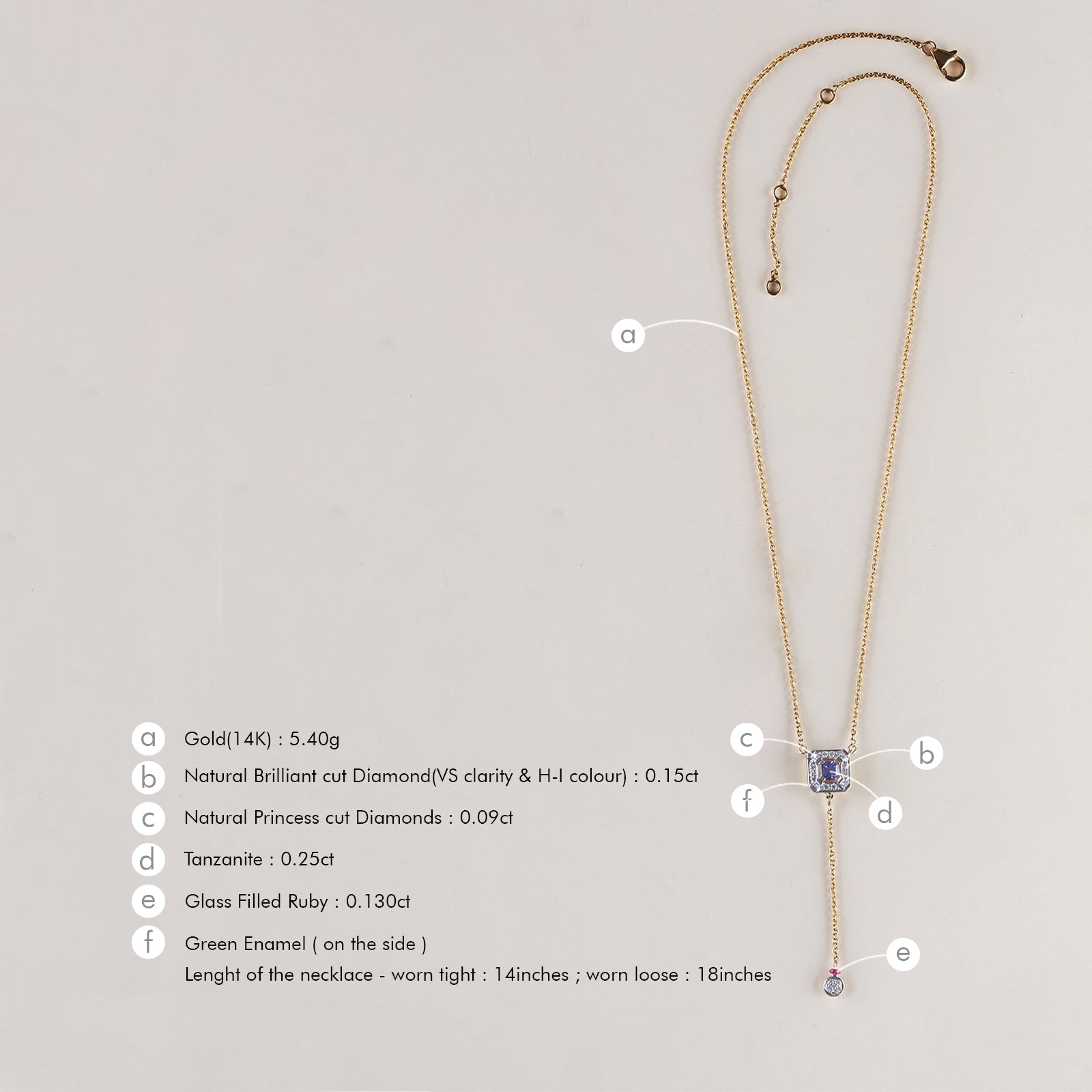 Nizam Tanzanite Pendant Necklace handcrafted in gold featuring a central tanzanite, brilliant and princess cut diamonds, green enamel detailing, and delicate dangling accents inspired by Indian artistry.