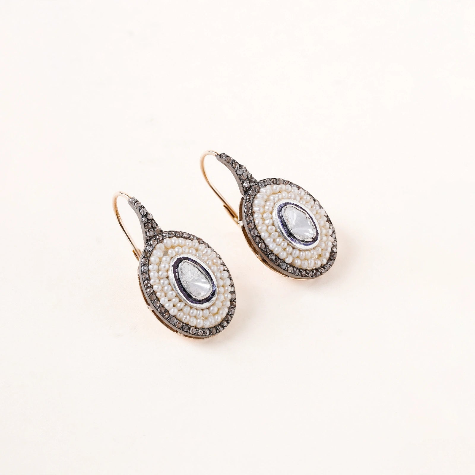 Ophelia Earrings in 14K gold and 925 silver with cultured pearls framed by natural rose-cut and vilandi diamonds