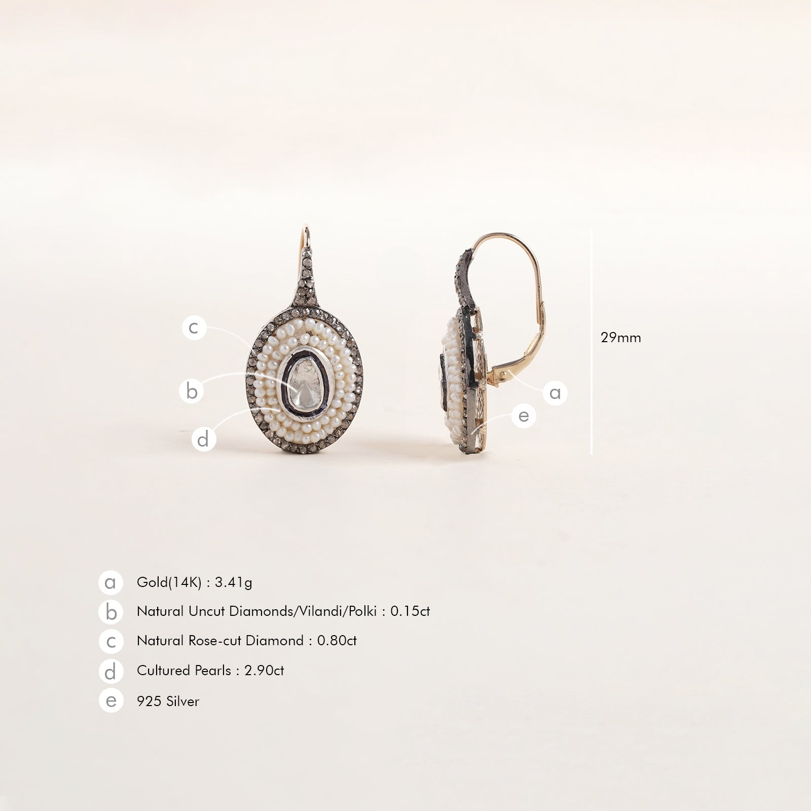 Ophelia Earrings in 14K gold and 925 silver with cultured pearls framed by natural rose-cut and vilandi diamonds