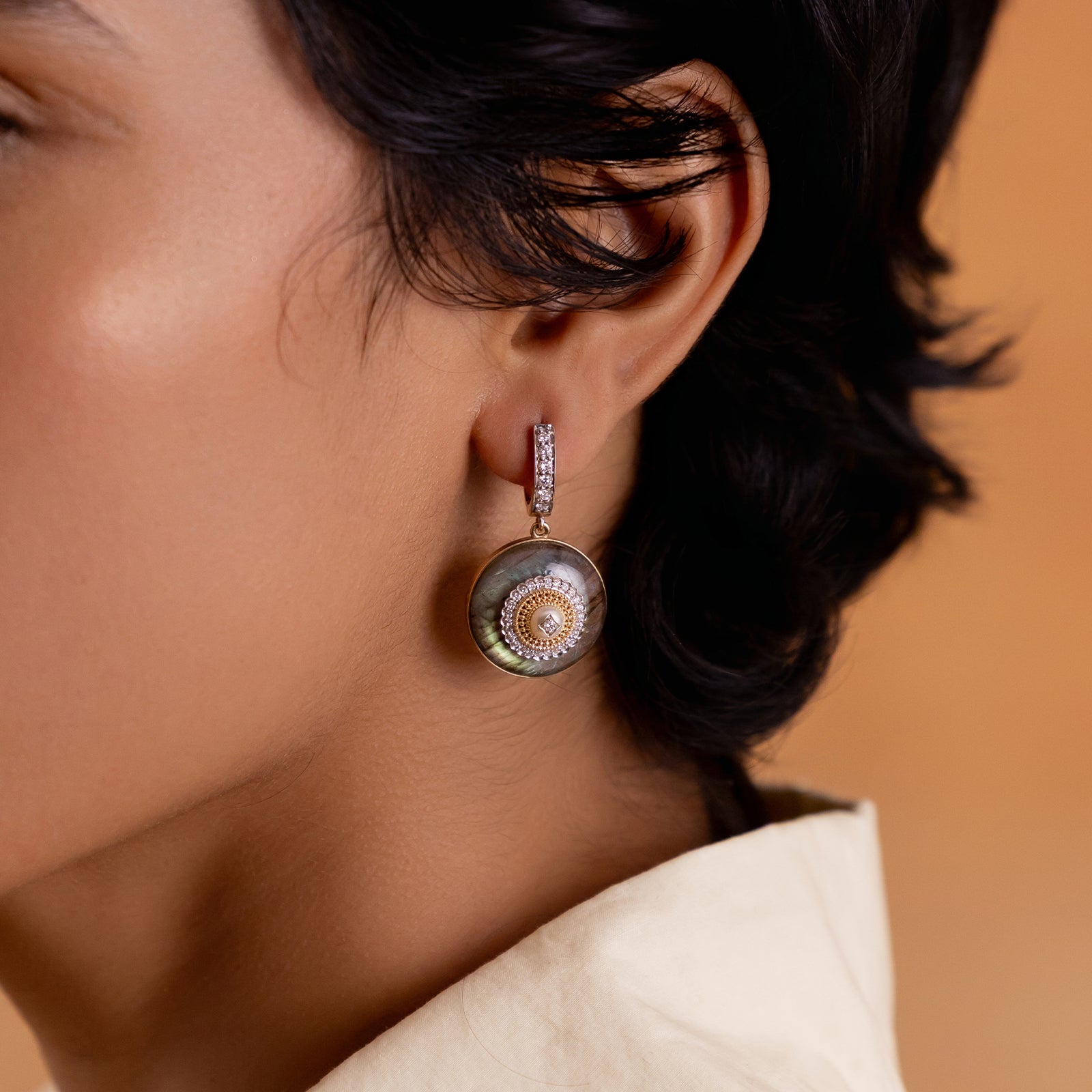 Rae Earrings in 14K gold with cultured pearl and natural brilliant-cut diamonds on a labradorite base with textured gold detail