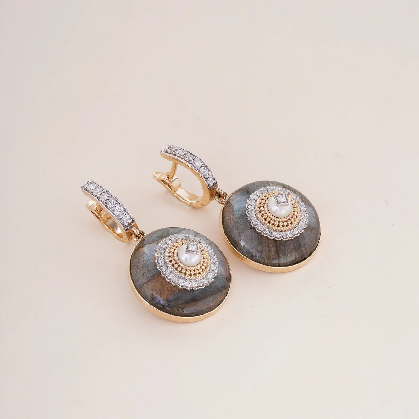 Rae Earrings in 14K gold with cultured pearl and natural brilliant-cut diamonds on a labradorite base with textured gold detail