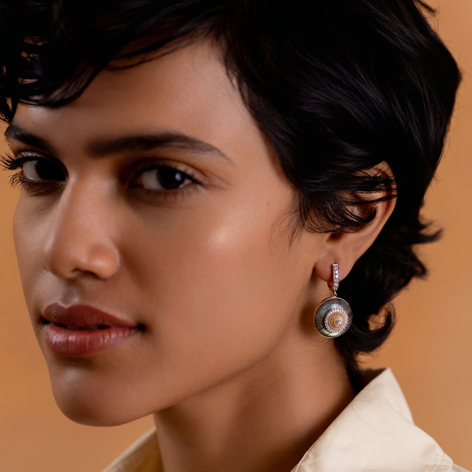 Rae Earrings in 14K gold with cultured pearl and natural brilliant-cut diamonds on a labradorite base with textured gold detail