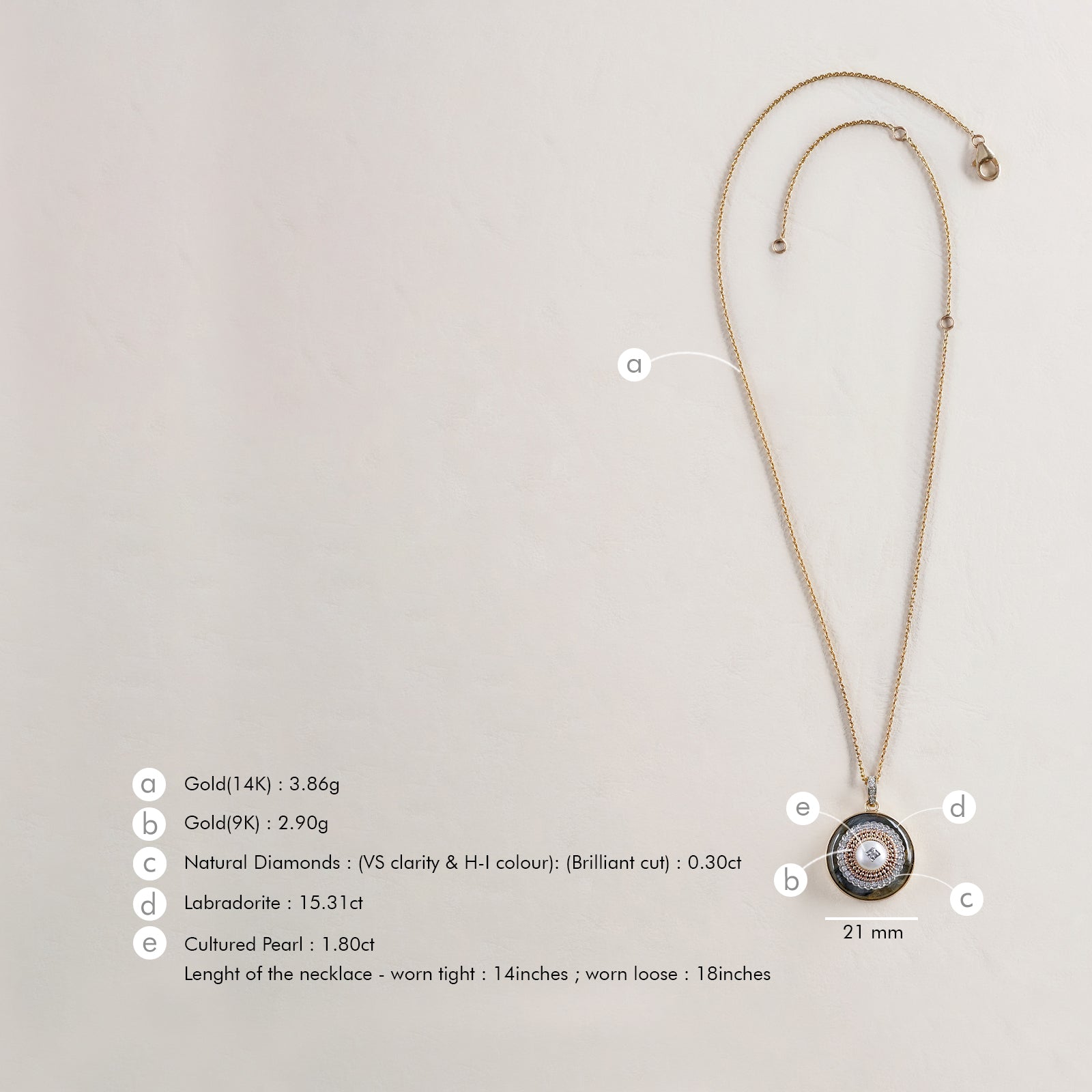 Rae Pendant Necklace in 14K gold with cultured pearl and natural brilliant-cut diamonds on a labradorite base with textured gold detail