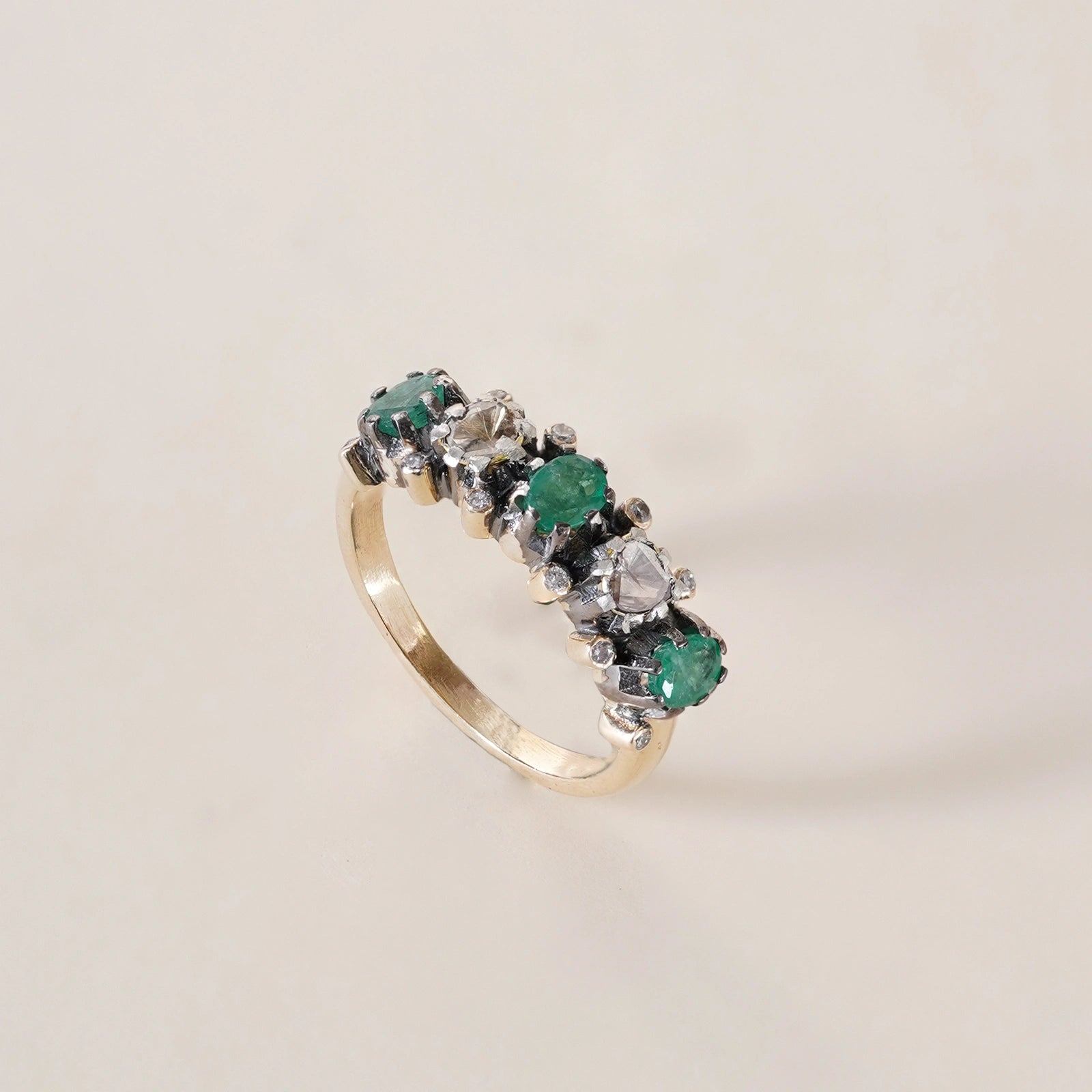 Rumi Emerald Ring in gold and 925 silver with emerald and polki in pacchikaam setting and natural uncut vilandi diamonds