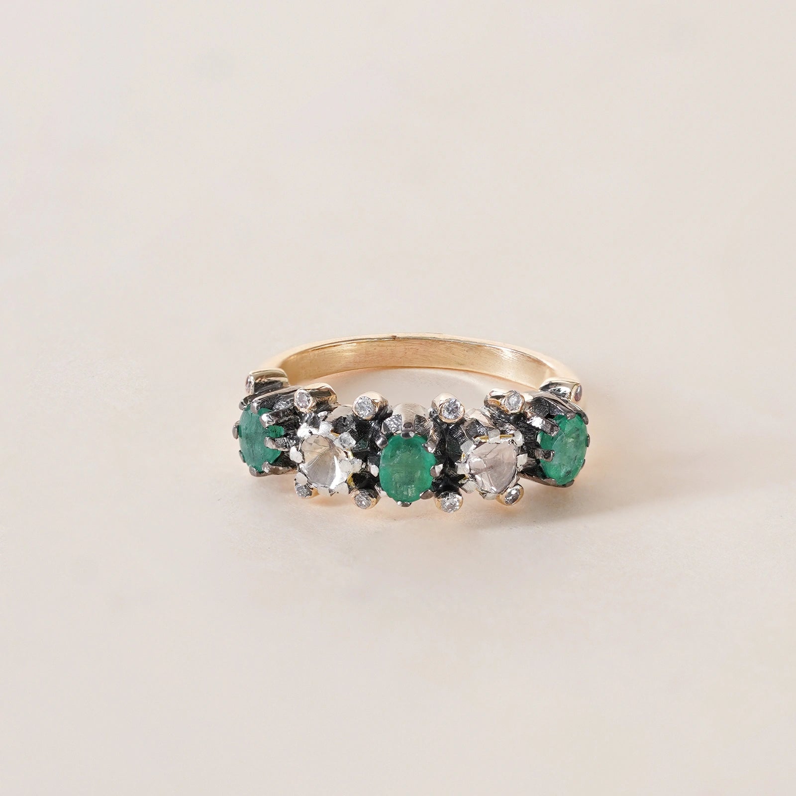 Rumi Emerald Ring in gold and 925 silver with emerald and polki in pacchikaam setting and natural uncut vilandi diamonds