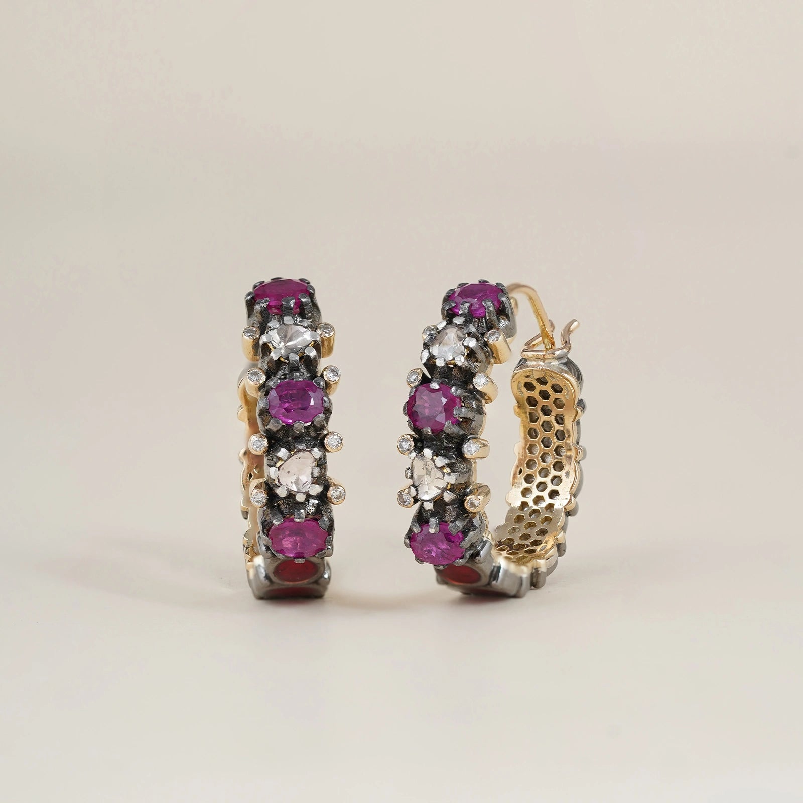Rumi Hoop Earrings in gold and 925 silver with polki and ruby in pacchikaam setting, vilandi diamonds, jaali work, and red enamel detail