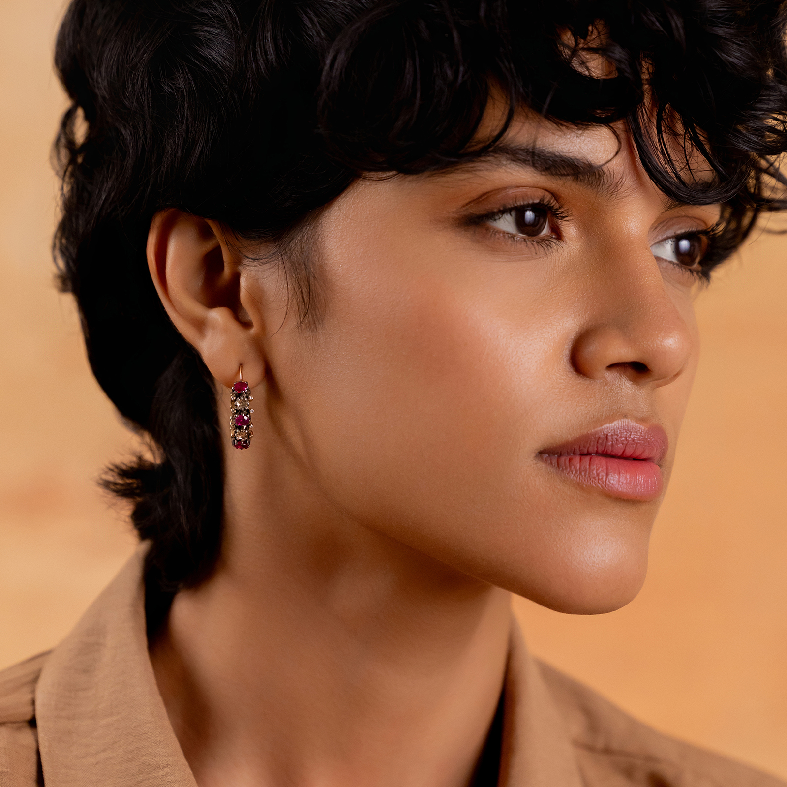 Rumi Hoop Earrings in gold and 925 silver with polki and ruby in pacchikaam setting, vilandi diamonds, jaali work, and red enamel detail