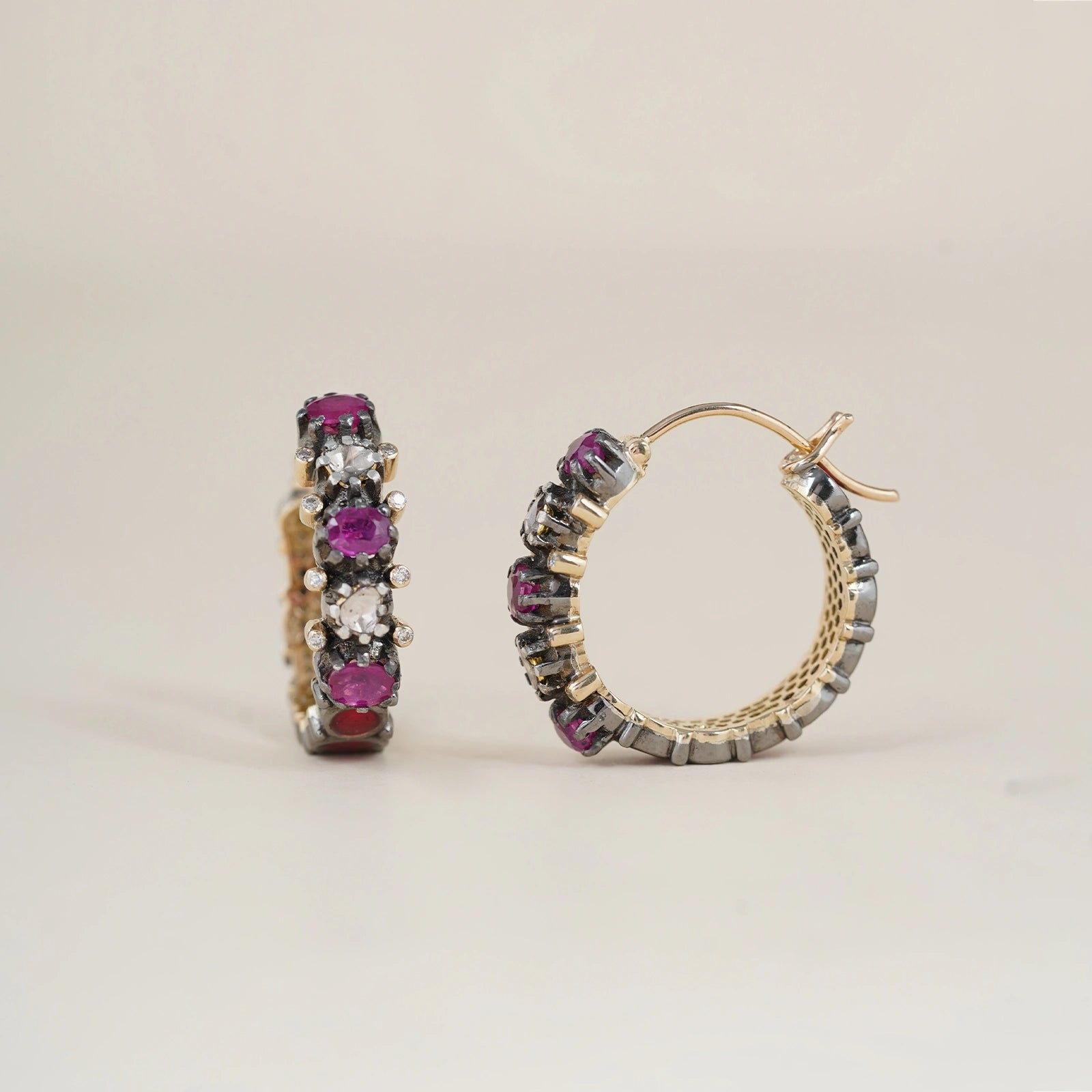 Rumi Hoop Earrings in gold and 925 silver with polki and ruby in pacchikaam setting, vilandi diamonds, jaali work, and red enamel detail