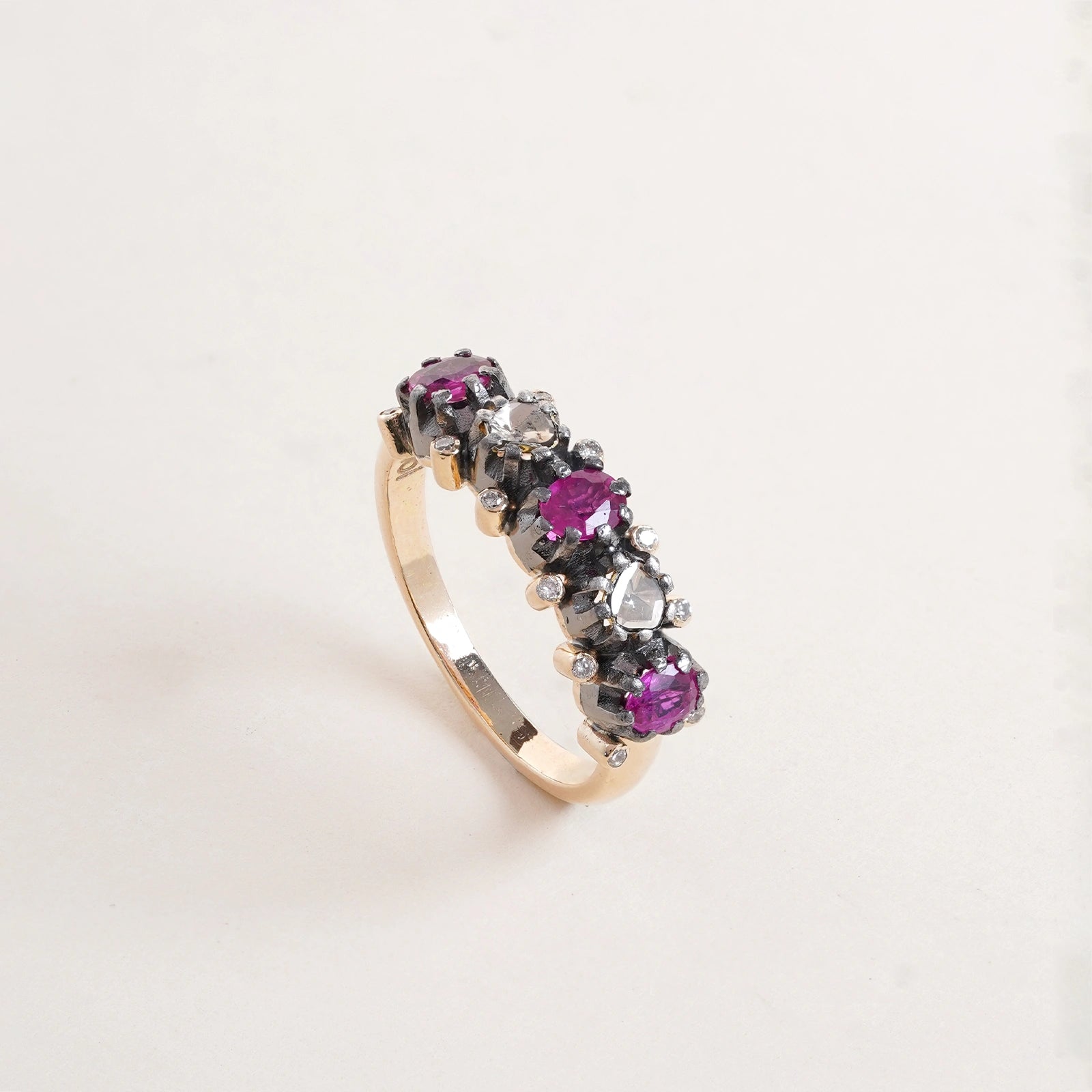 Rumi Ring in gold and 925 silver with polki and ruby in pacchikaam setting and natural uncut vilandi diamonds