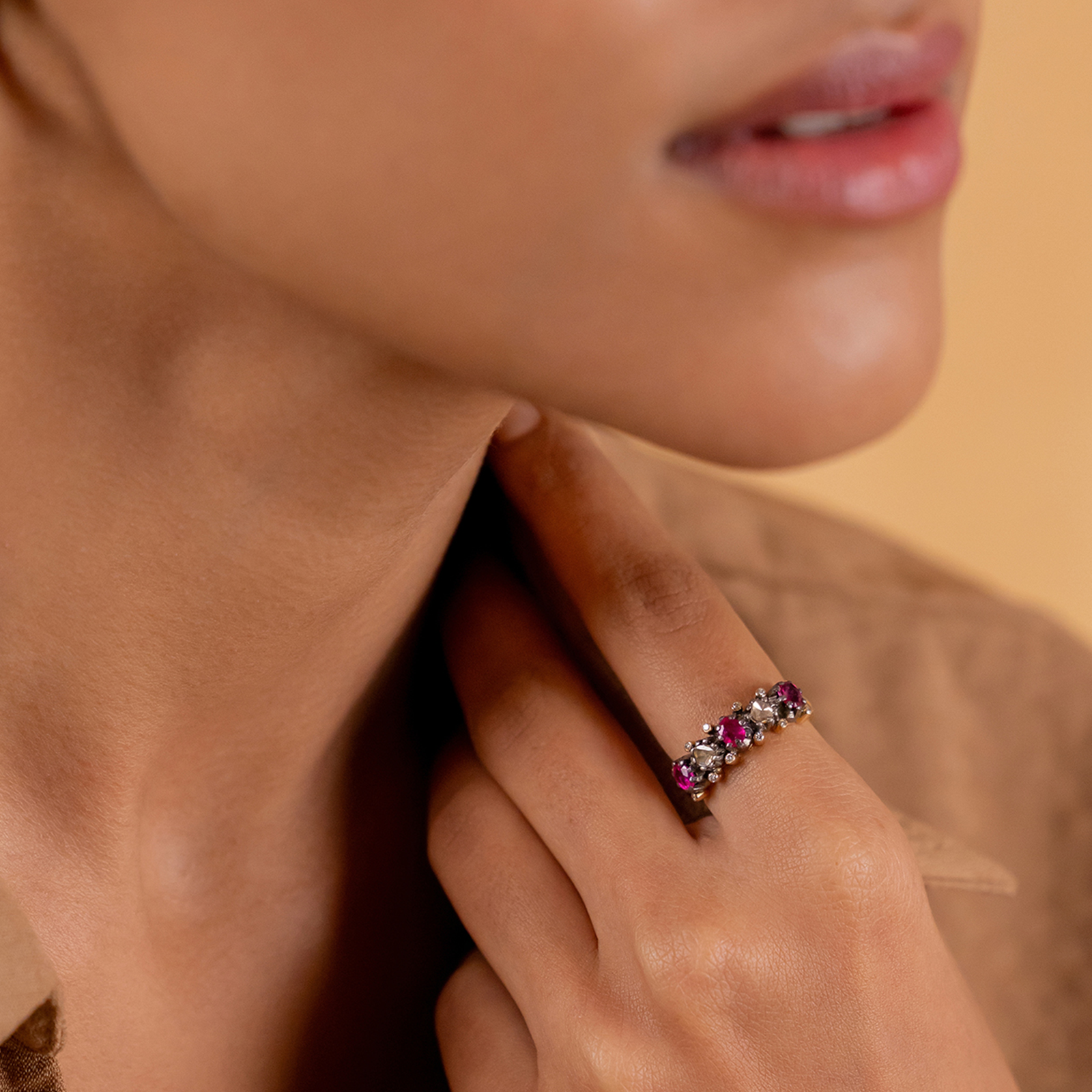 Rumi Ring in gold and 925 silver with polki and ruby in pacchikaam setting and natural uncut vilandi diamonds